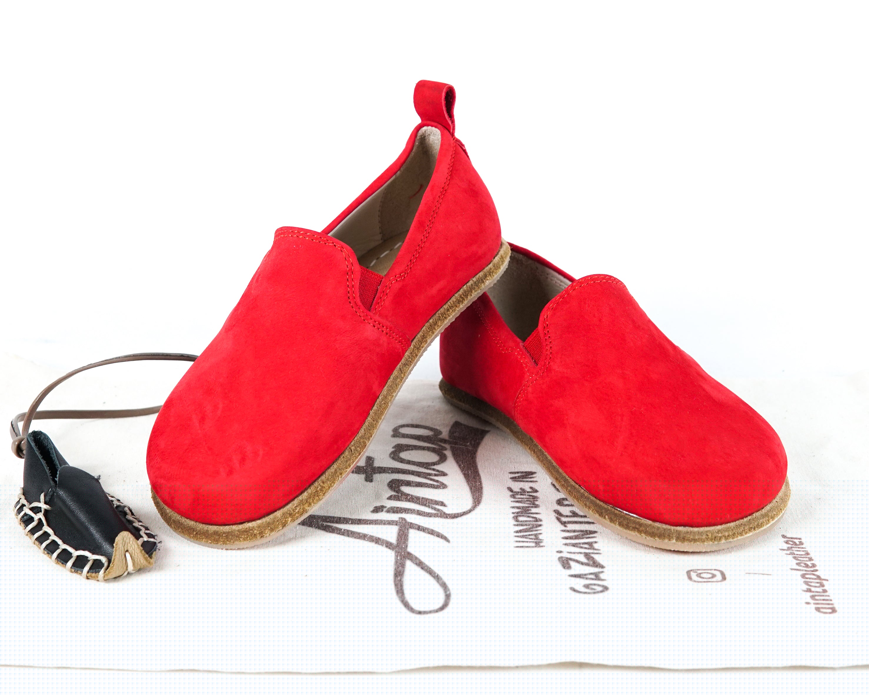 Red Kids Slip-On Wide Barefoot Shoes Nubuck Leather Handmade Leather & Rubber Sole 