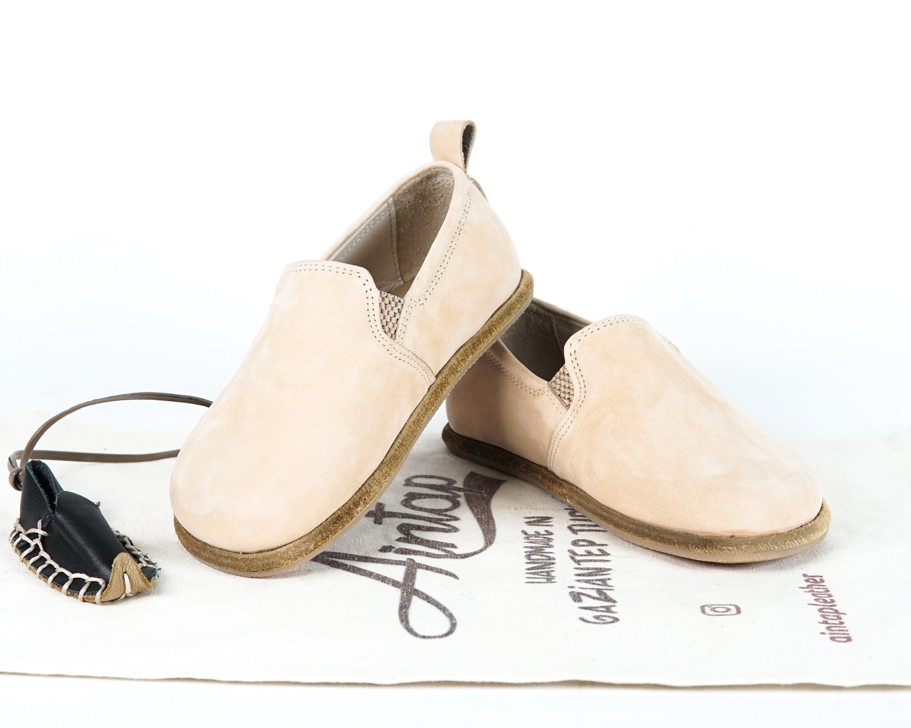 Cream Kids Slip-On Wide Barefoot Shoes Nubuck Leather Handmade Leather & Rubber Sole 
