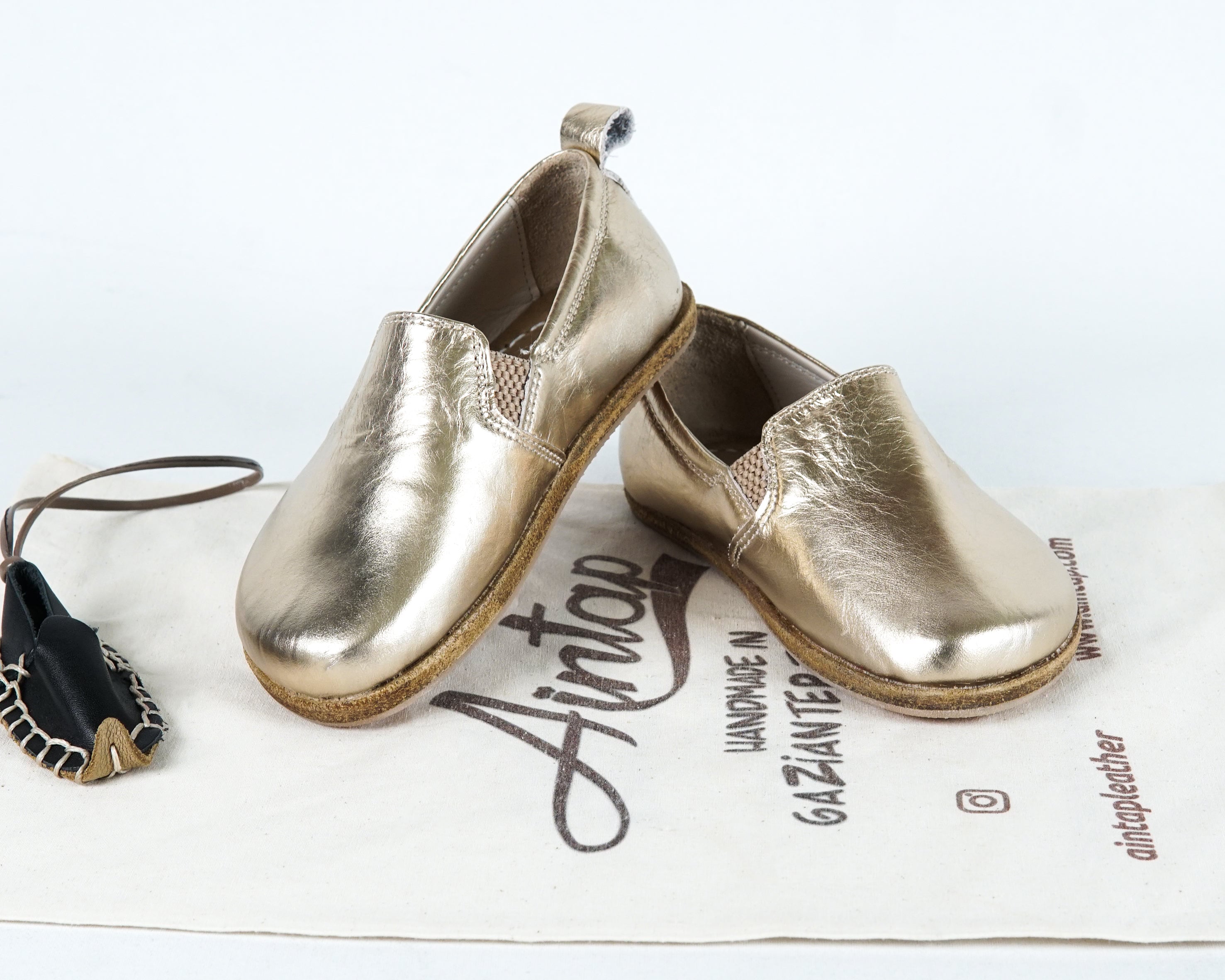 Gold Kids Slip-On Wide Barefoot Shoes Smooth Leather Handmade Leather & Rubber Sole 