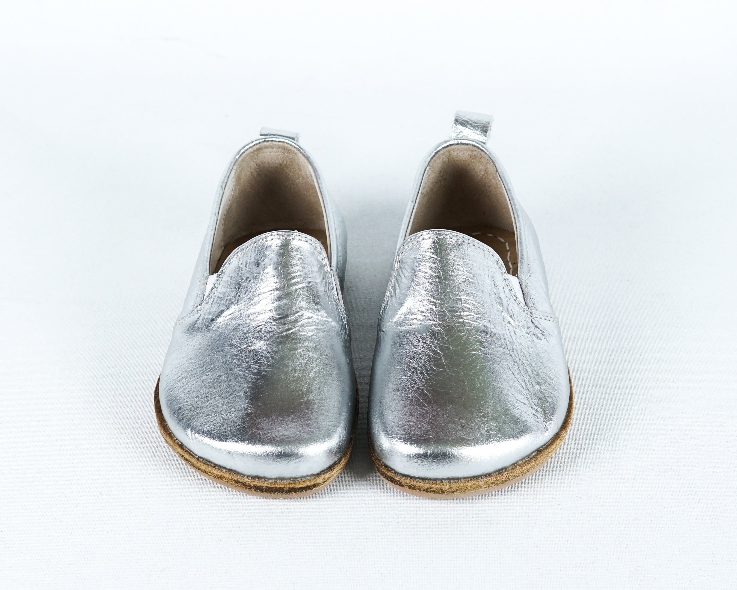 Sılver Kids Slip-On Wide Barefoot Shoes Smooth Leather Handmade Leather & Rubber Sole 