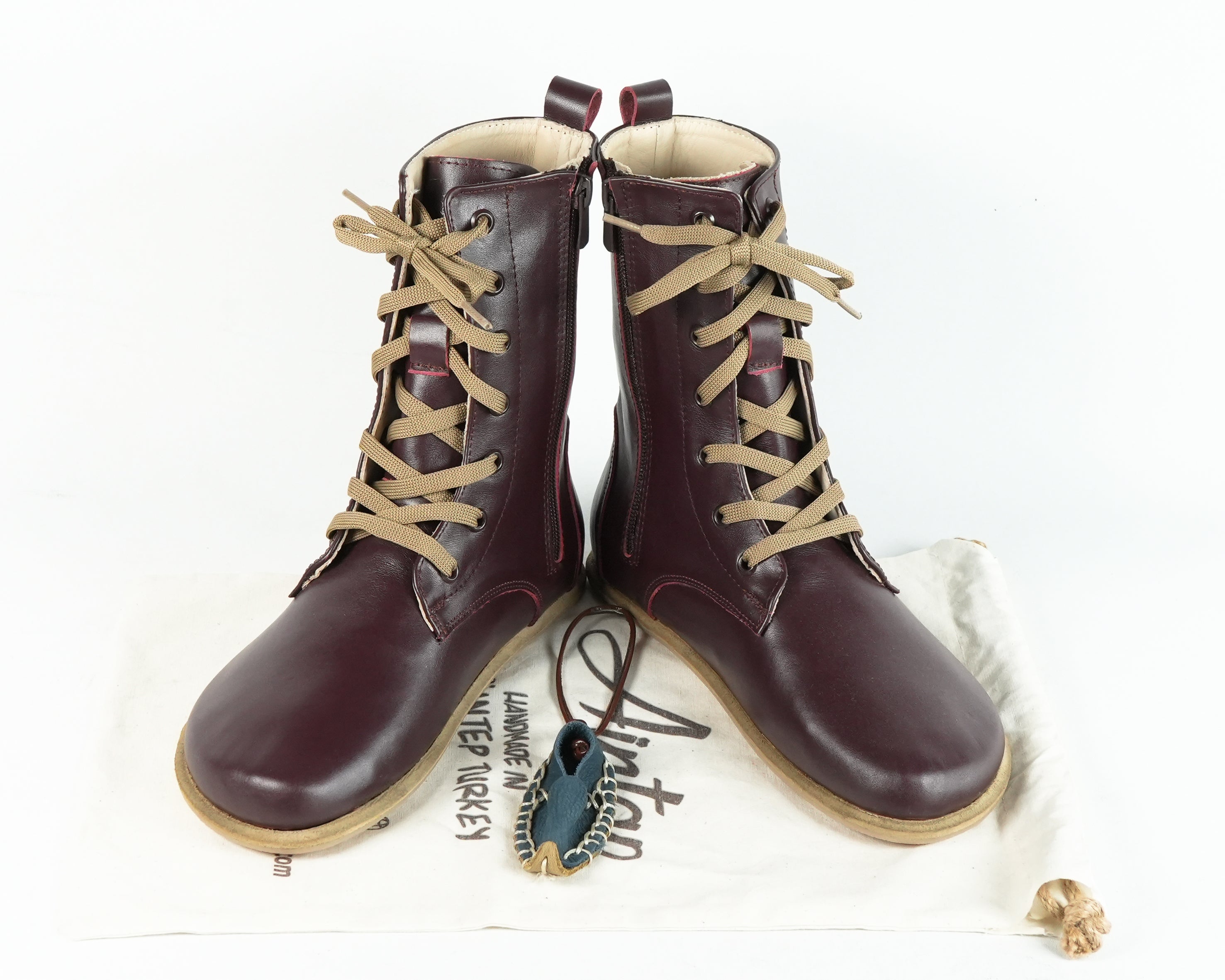 Burgundy Long Boots Wide Barefoot Smooth Leather Handmade Shoes