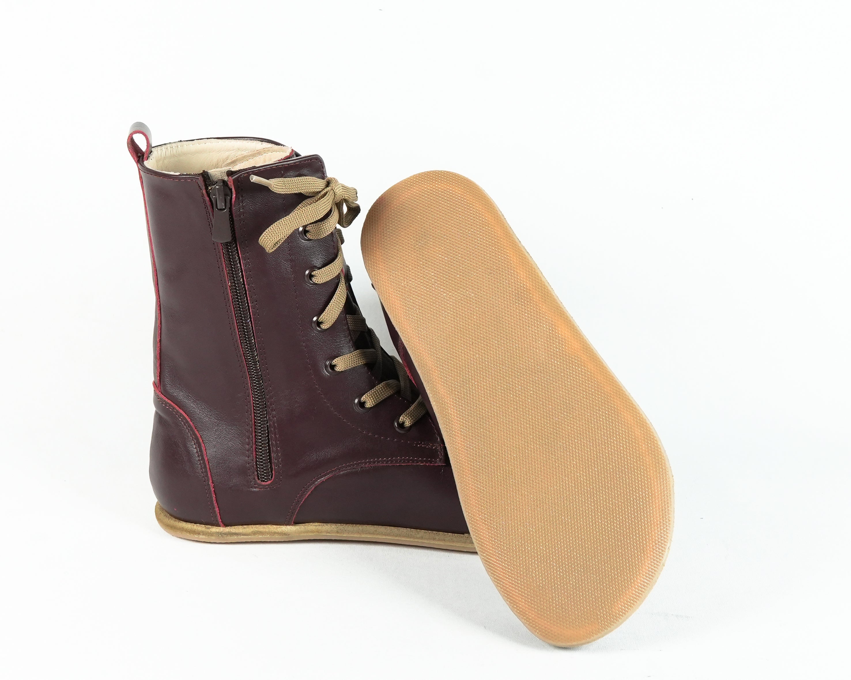 Burgundy Long Boots Wide Barefoot Smooth Leather Handmade Shoes 