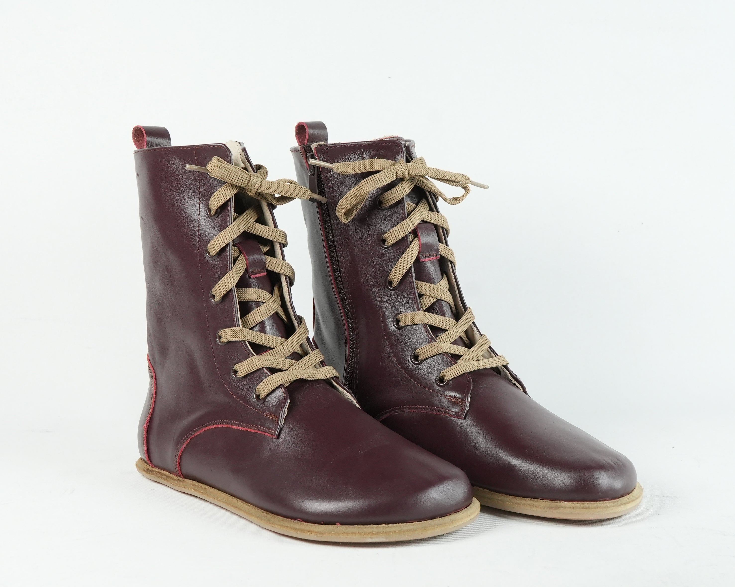Burgundy Long Boots Wide Barefoot Smooth Leather Handmade Shoes 