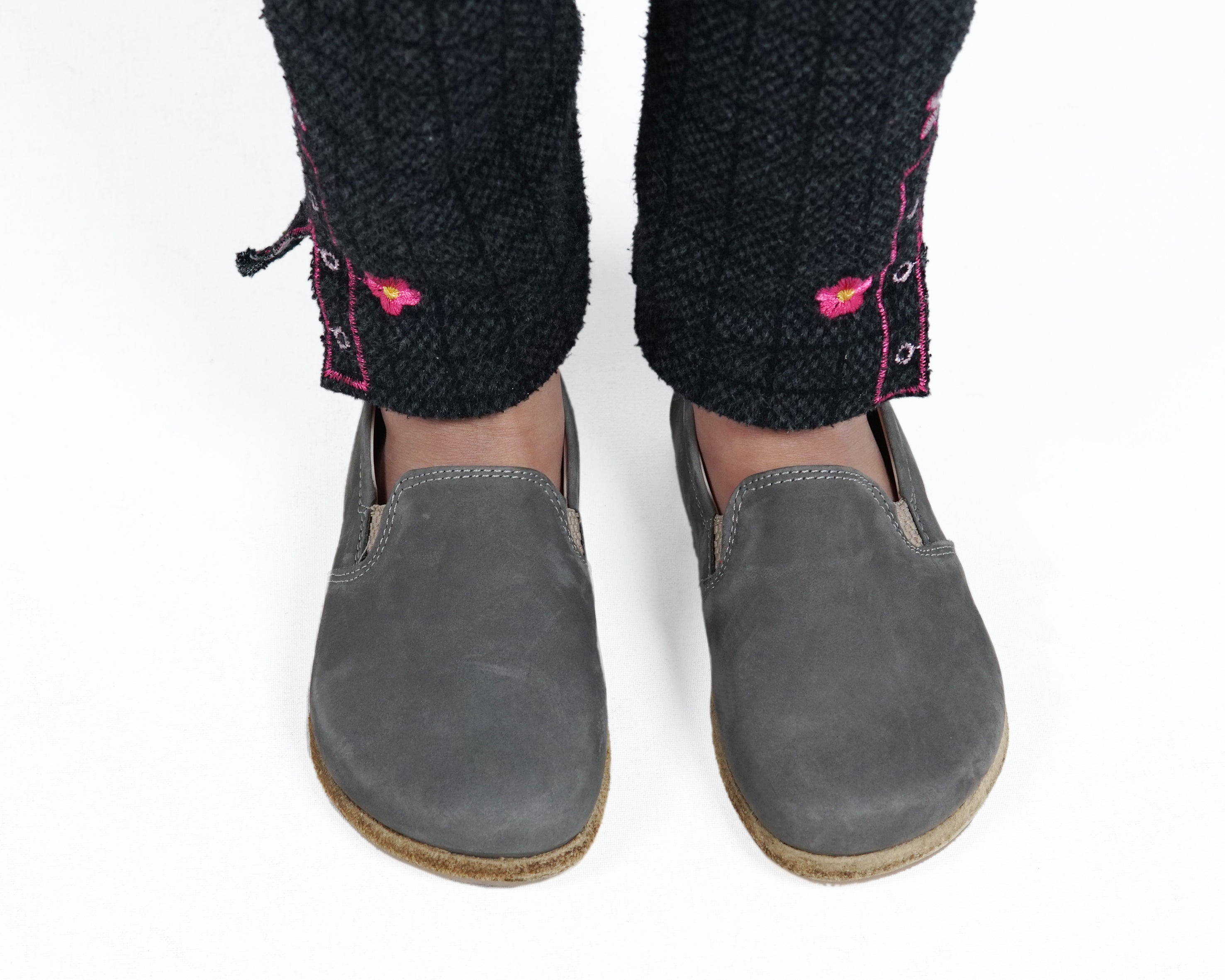 Gray Kids Slip-On Wide Barefoot Shoes Nubuck Leather Handmade Leather & Rubber Sole 