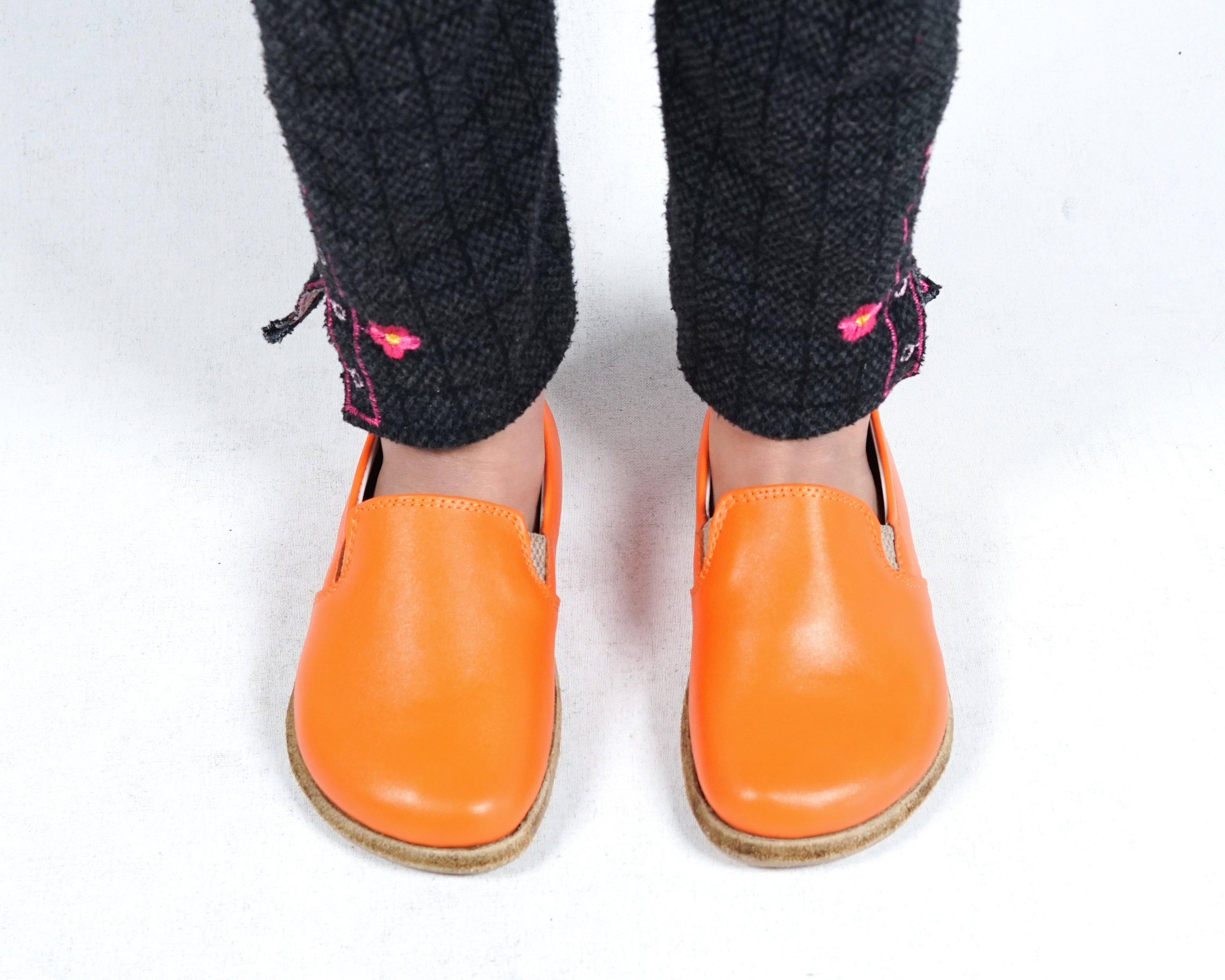 Orange Kids Slip-On Wide Barefoot Shoes Smooth Leather Handmade Leather & Rubber Sole 