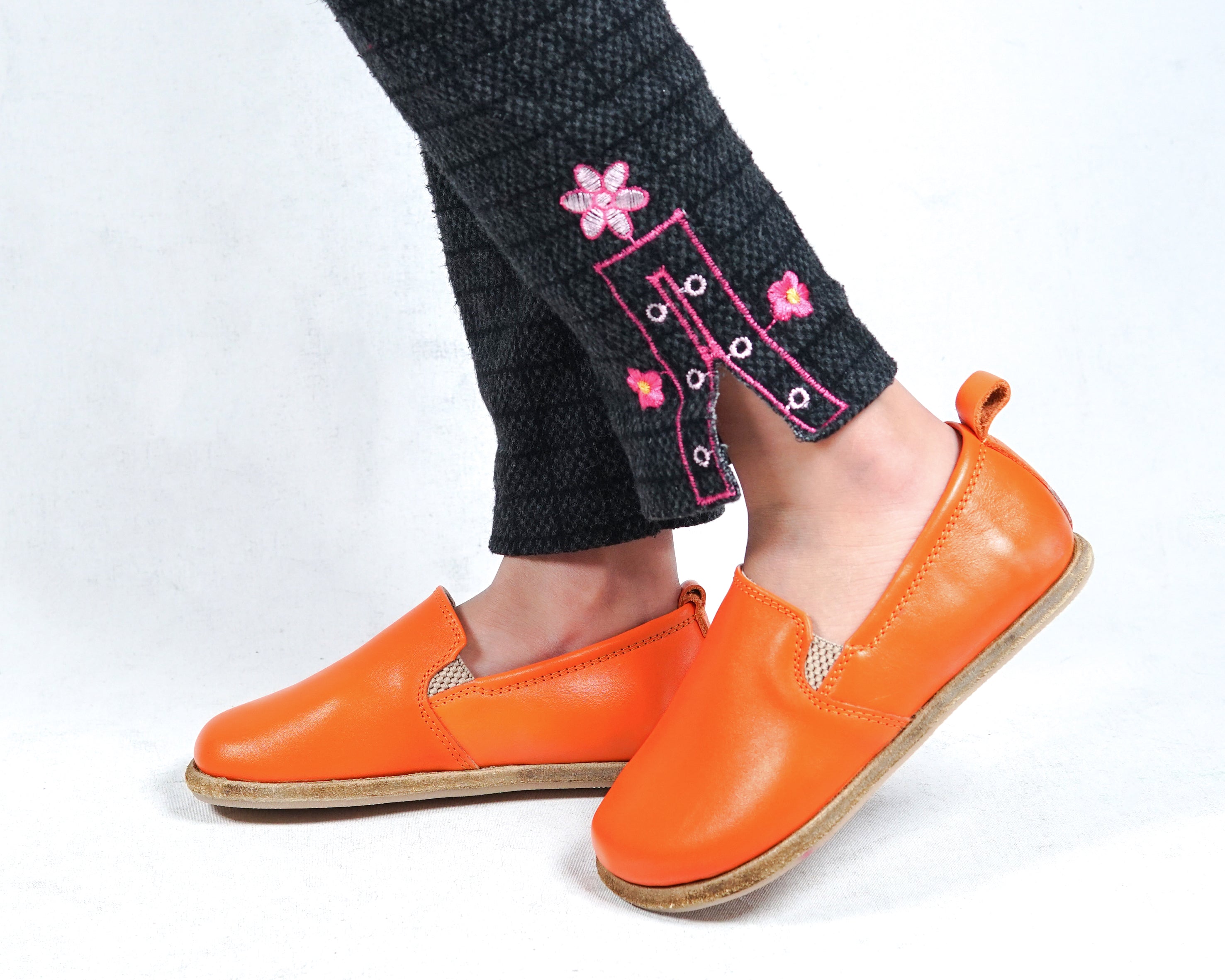 Orange Kids Slip-On Wide Barefoot Shoes Smooth Leather Handmade Leather & Rubber Sole 