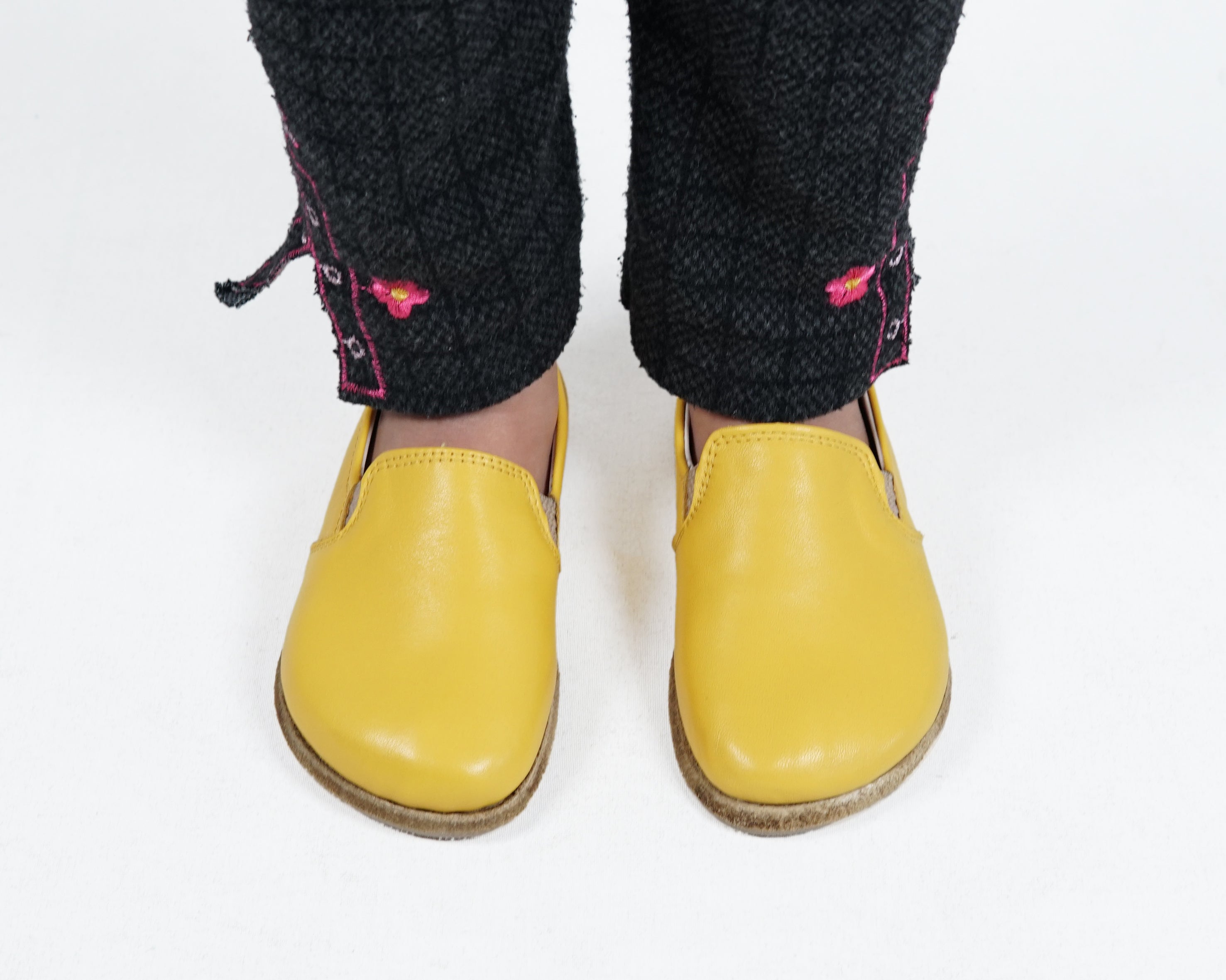 Yellow Kids Slip-On Wide Barefoot Shoes Smooth Leather Handmade Leather & Rubber Sole 