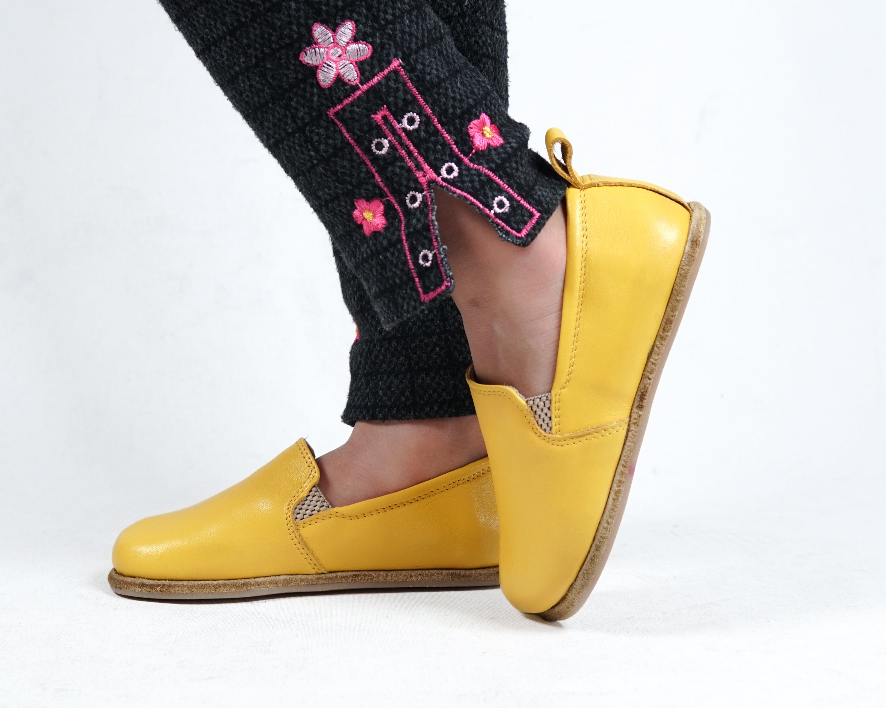 Yellow Kids Slip-On Wide Barefoot Shoes Smooth Leather Handmade Leather & Rubber Sole 