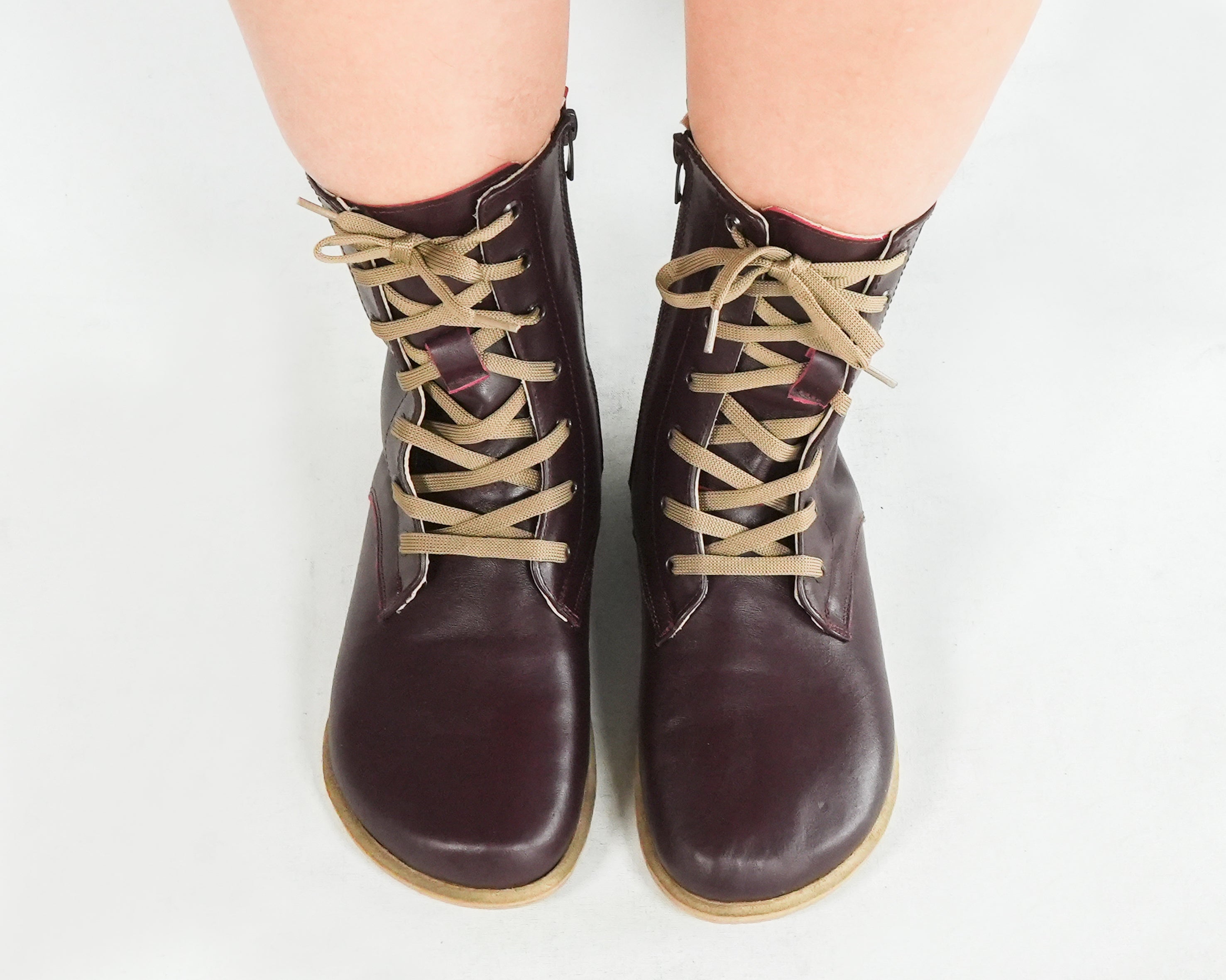 Burgundy Long Boots Wide Barefoot Smooth Leather Handmade Shoes