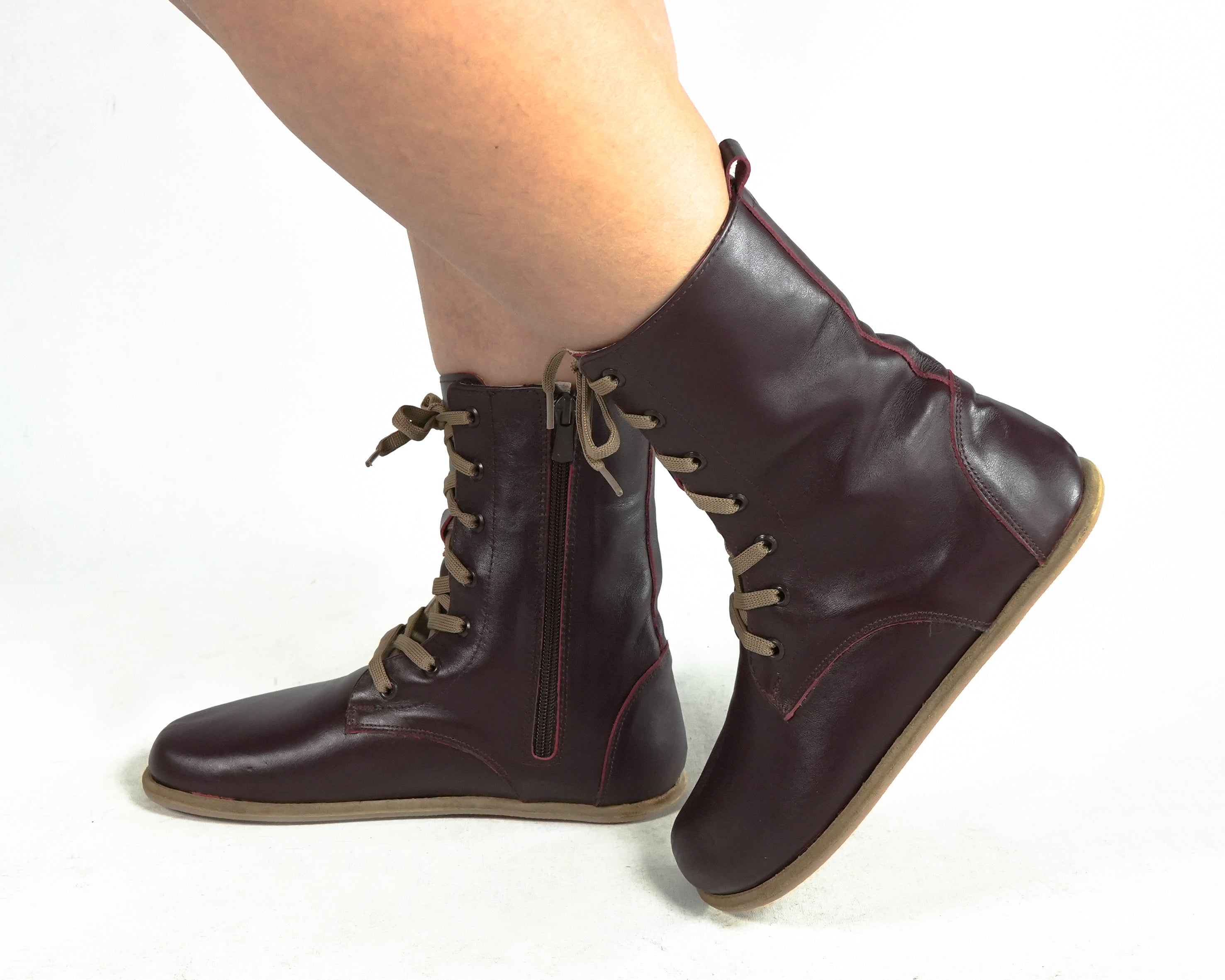 Burgundy Long Boots Wide Barefoot Smooth Leather Handmade Shoes 
