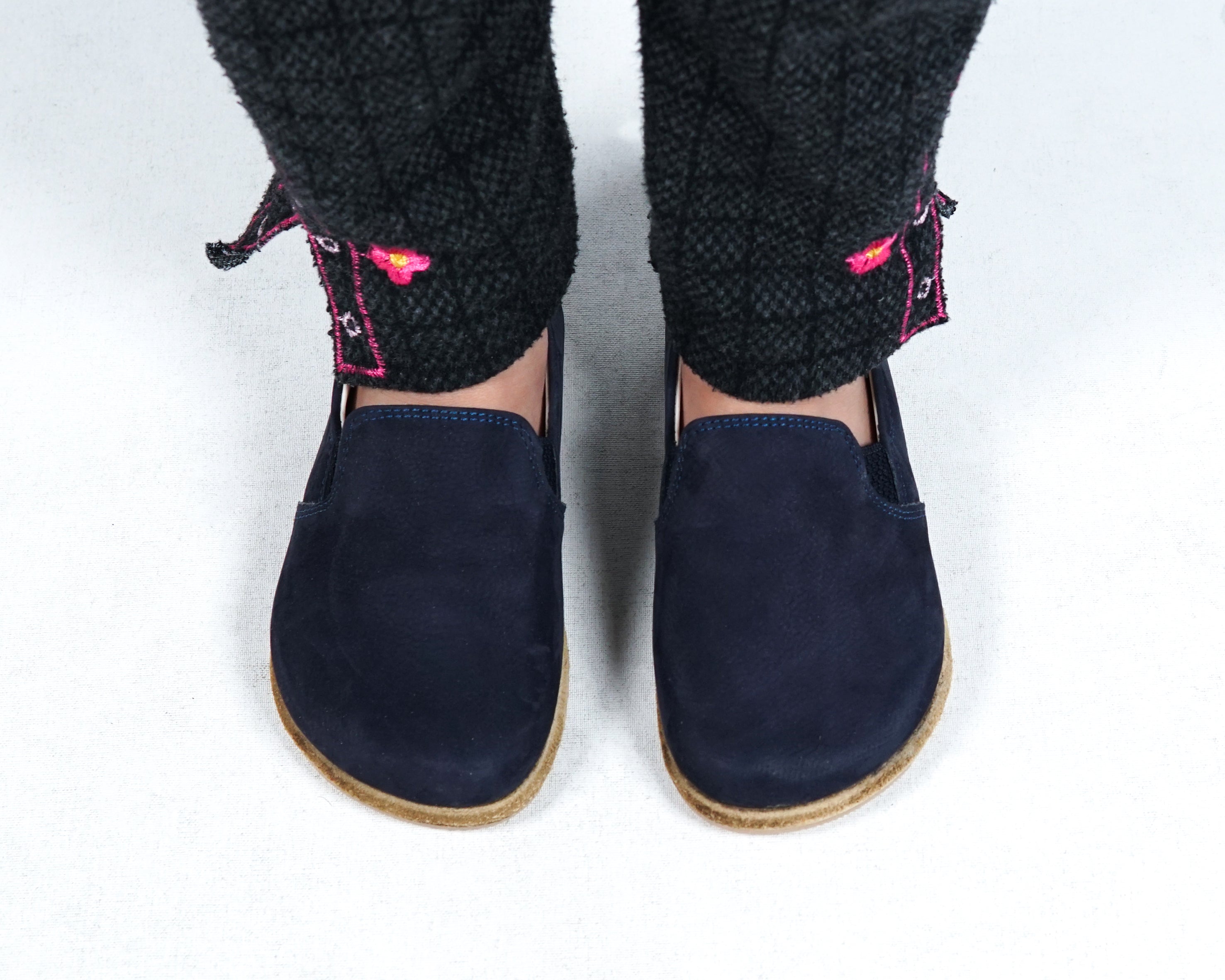 Navy Blue Kids Slip-On Wide Barefoot Shoes Nubuck Leather Handmade Leather & Rubber Sole