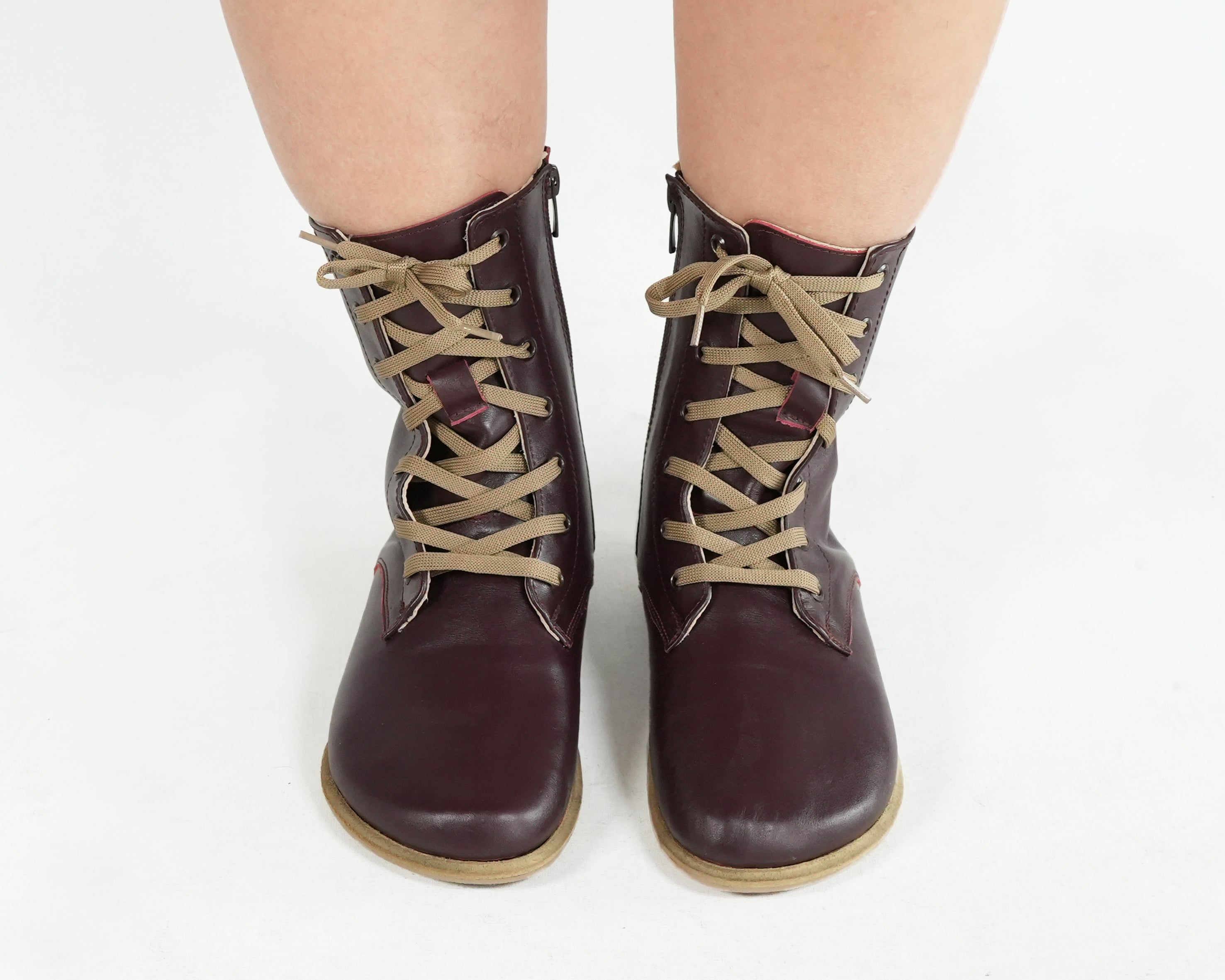 Burgundy Long Boots Wide Barefoot Smooth Leather Handmade Shoes