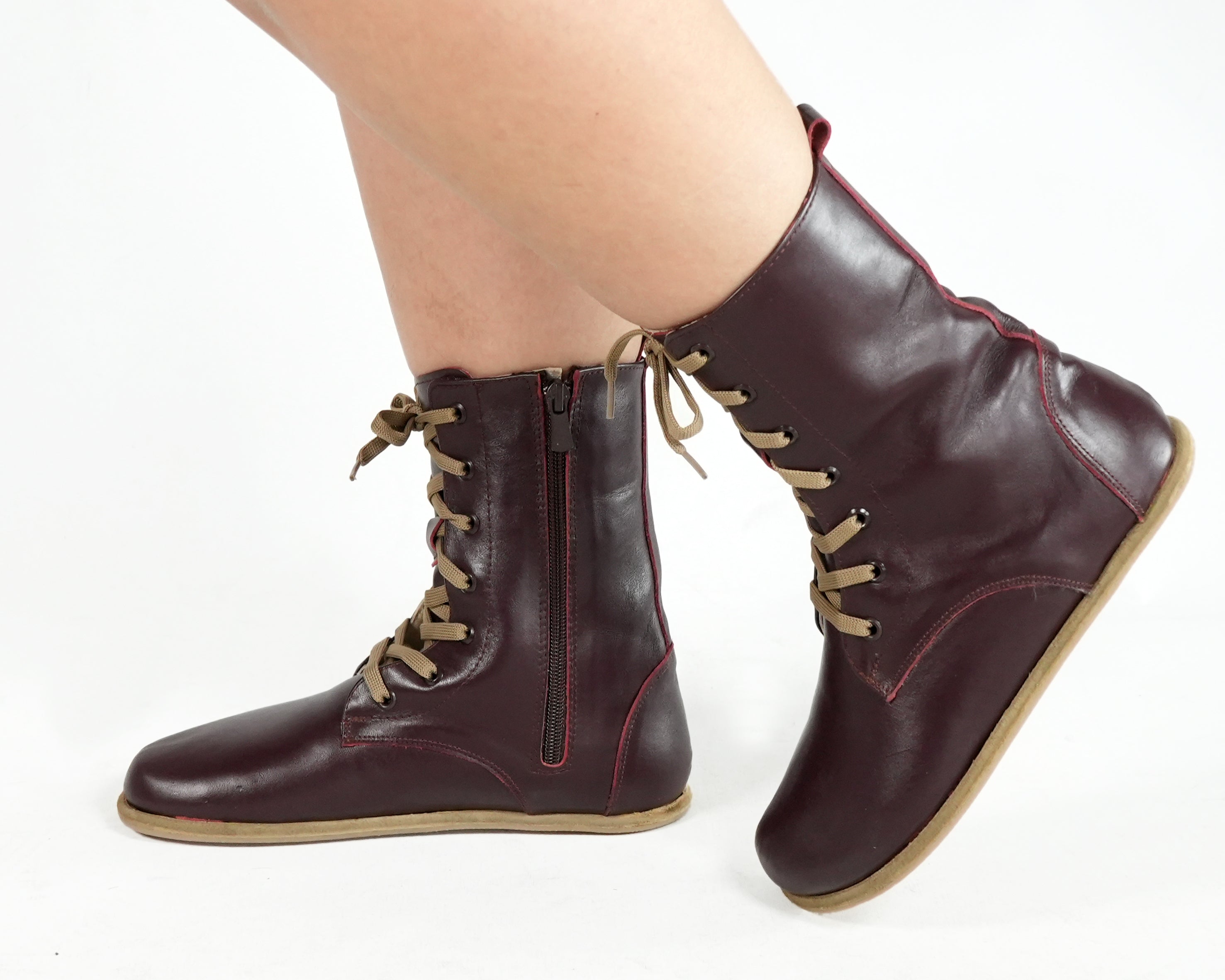 Burgundy Long Boots Wide Barefoot Smooth Leather Handmade Shoes 