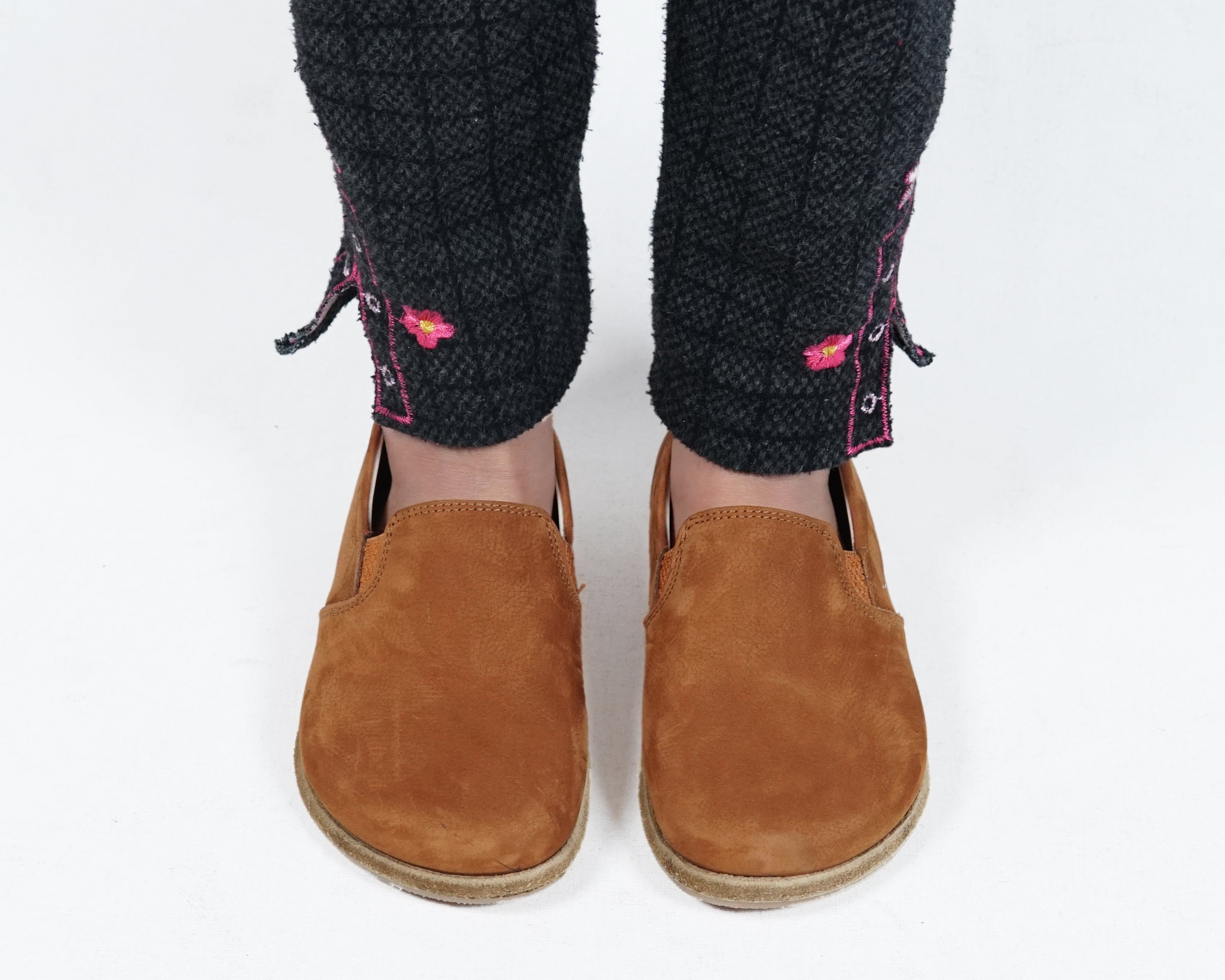 Tan Kids Slip-On Wide Barefoot Shoes Nubuck Leather Handmade Leather & Rubber Sole 