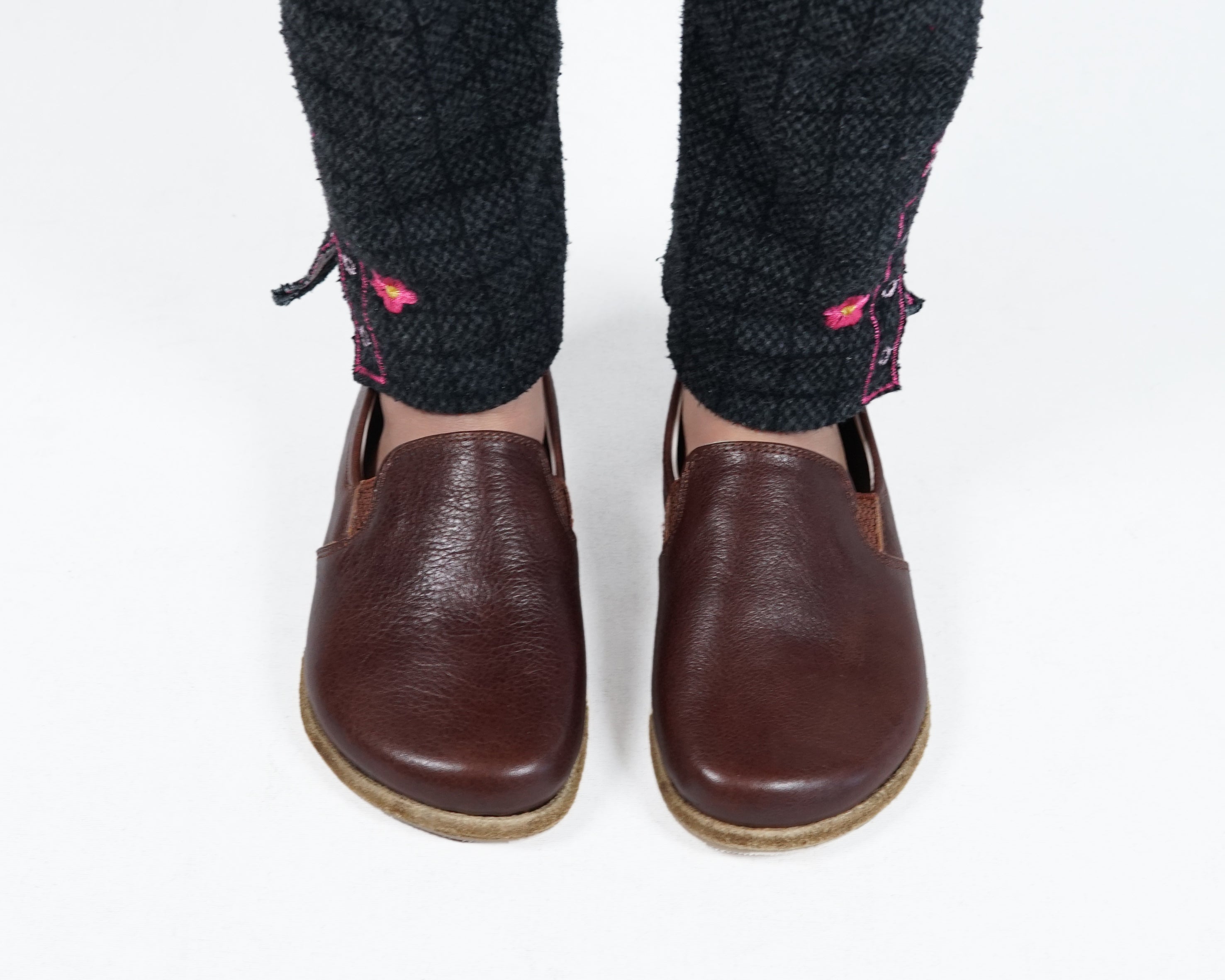 Dark Brown Kids Slip-On Wide Barefoot Shoes Smooth Leather Handmade Leather & Rubber Sole 