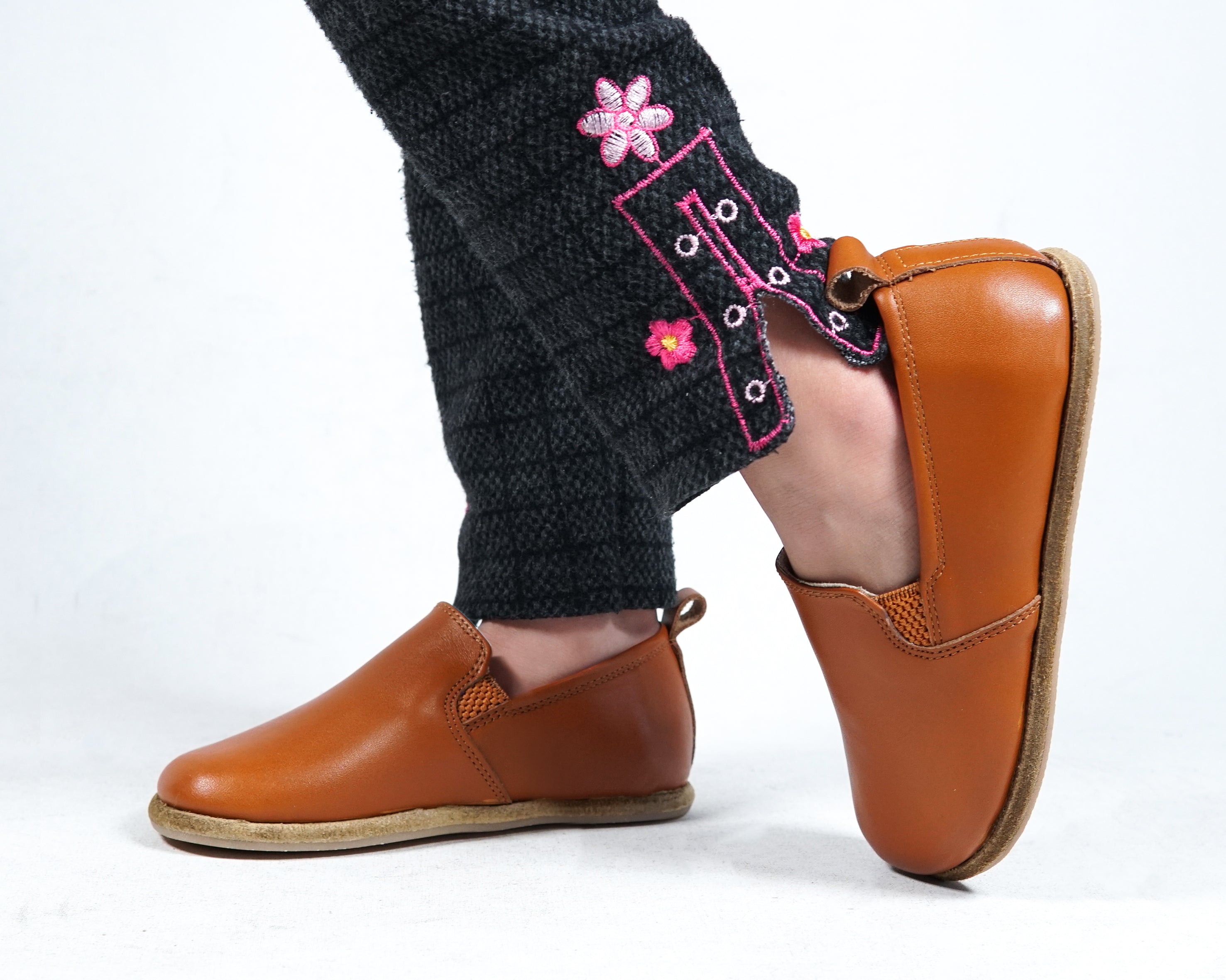 Tan Kids Slip-On Wide Barefoot Shoes Smooth Leather Handmade Leather & Rubber Sole 