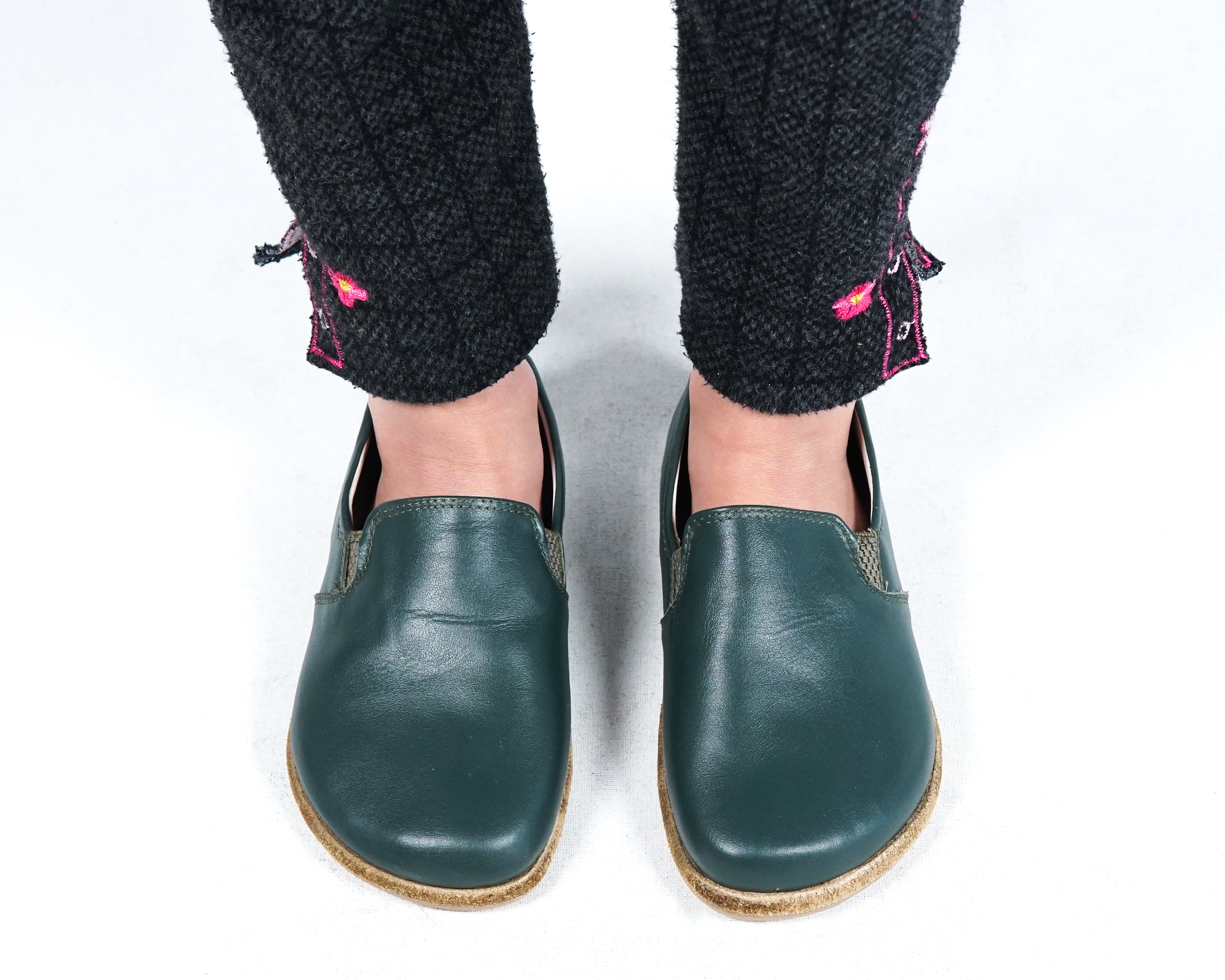 Green Kids Slip-On Wide Barefoot Shoes Smooth Leather Handmade Leather & Rubber Sole 