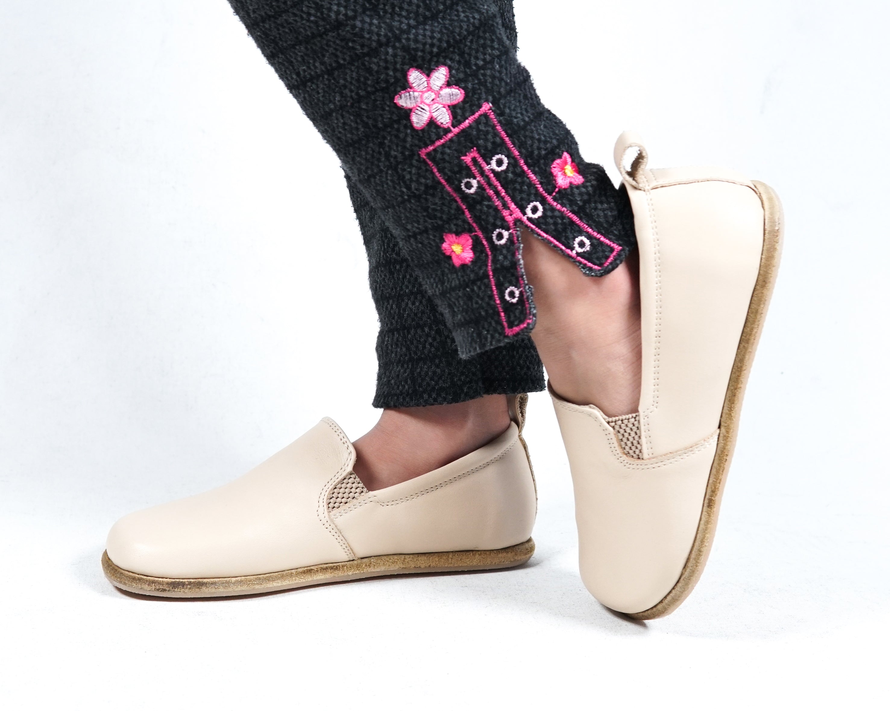 Cream Kids Slip-On Wide Barefoot Shoes Smooth Leather Handmade Leather & Rubber Sole 