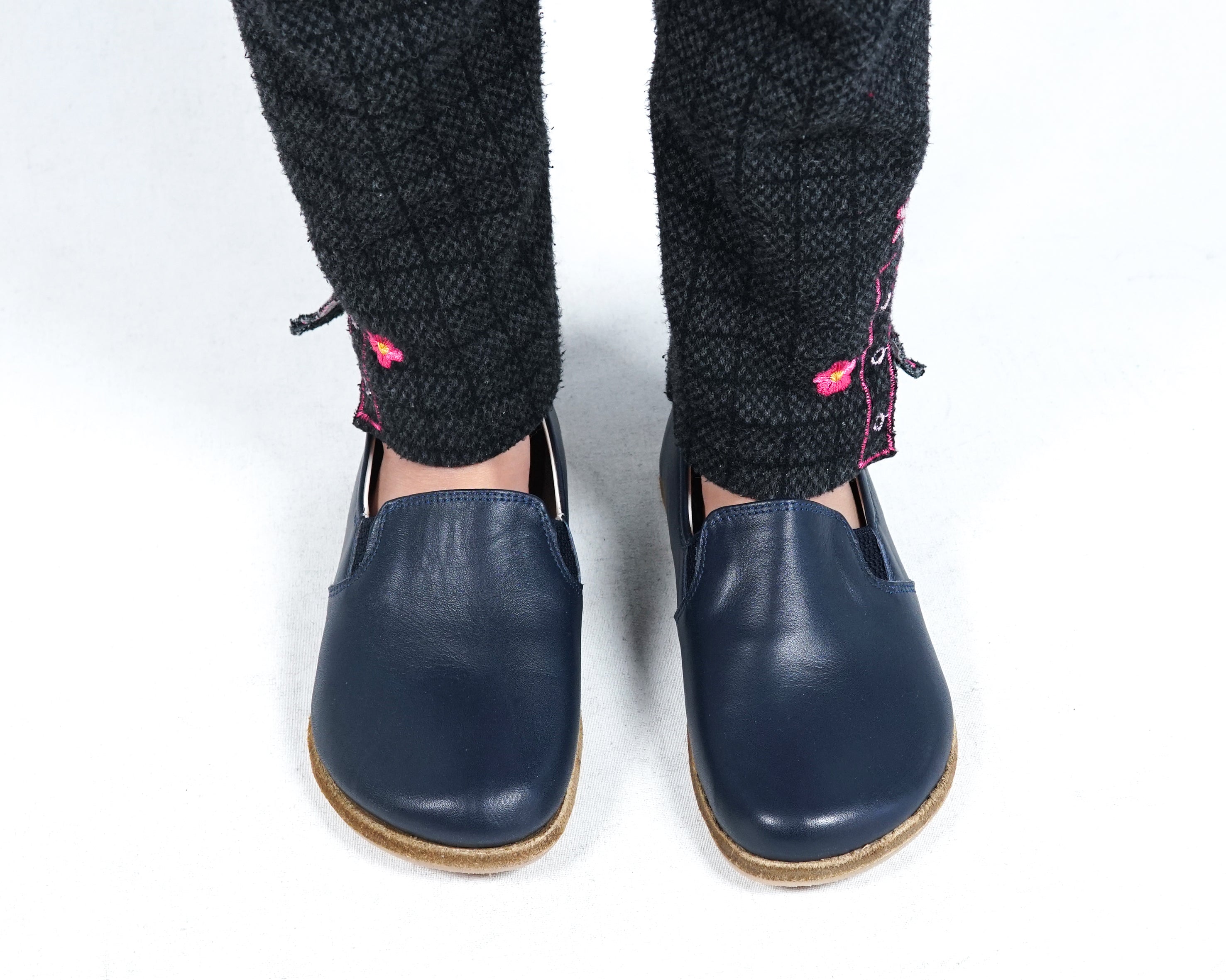 Navy Blue Kids Slip-On Wide Barefoot Shoes Smooth Leather Handmade Leather & Rubber Sole 