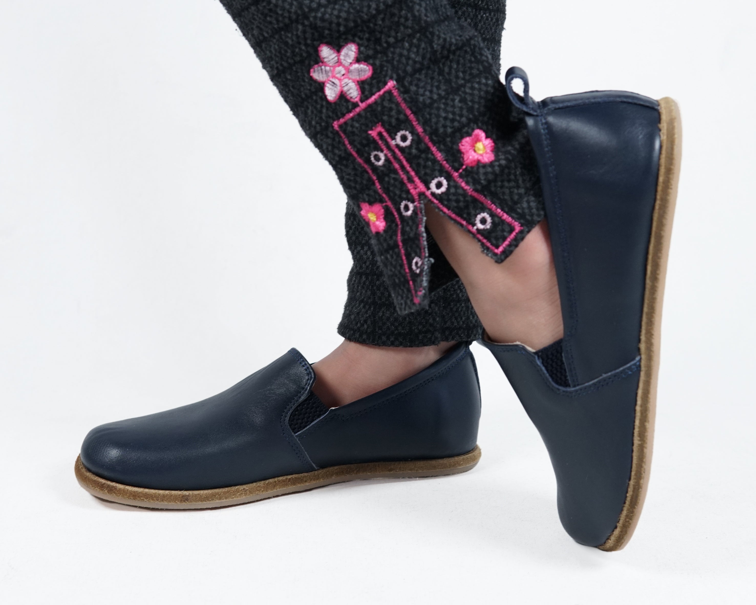 Navy Blue Kids Slip-On Wide Barefoot Shoes Smooth Leather Handmade Leather & Rubber Sole 