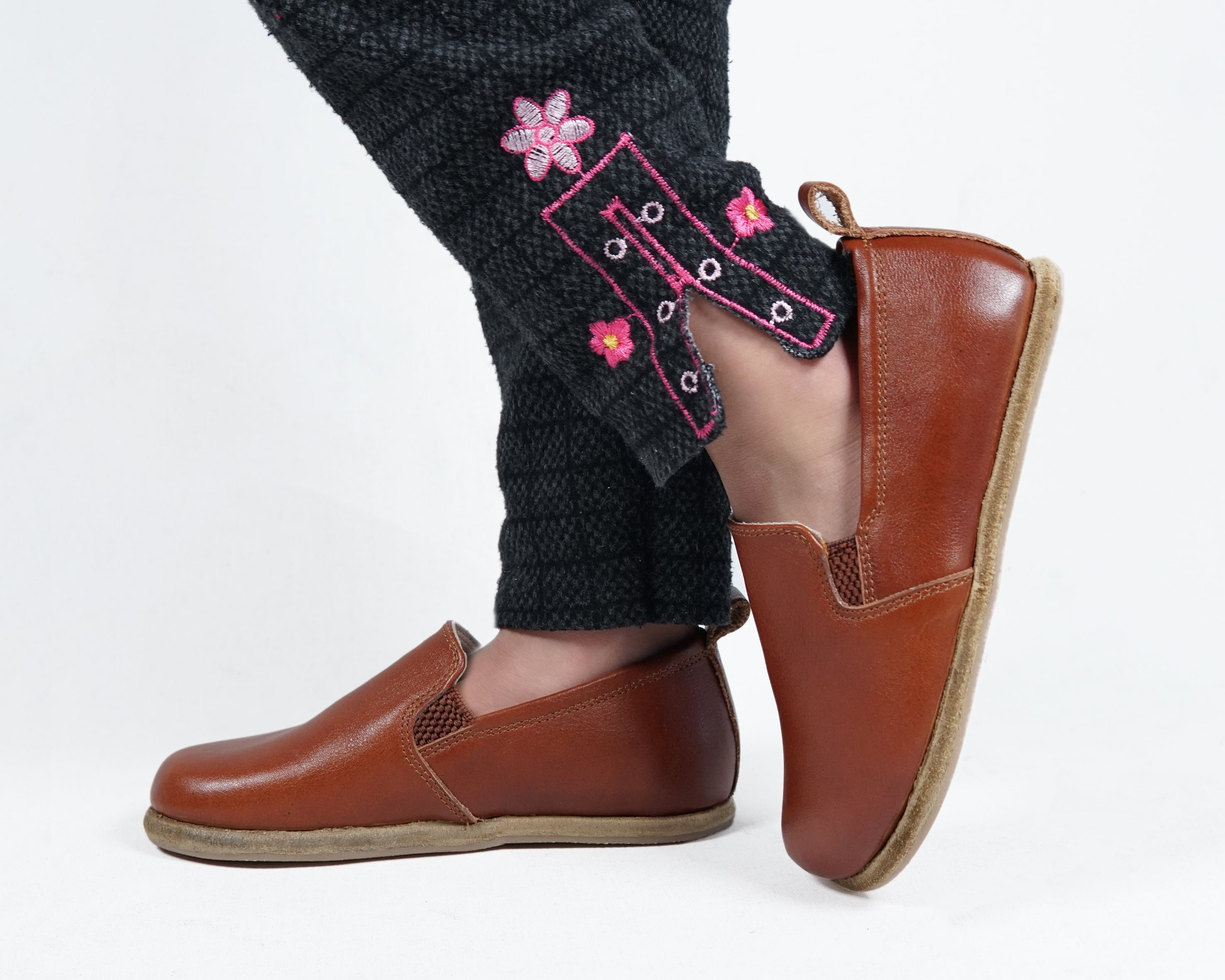 Brown Kids Slip-On Wide Barefoot Shoes Smooth Leather Handmade Leather & Rubber Sole 