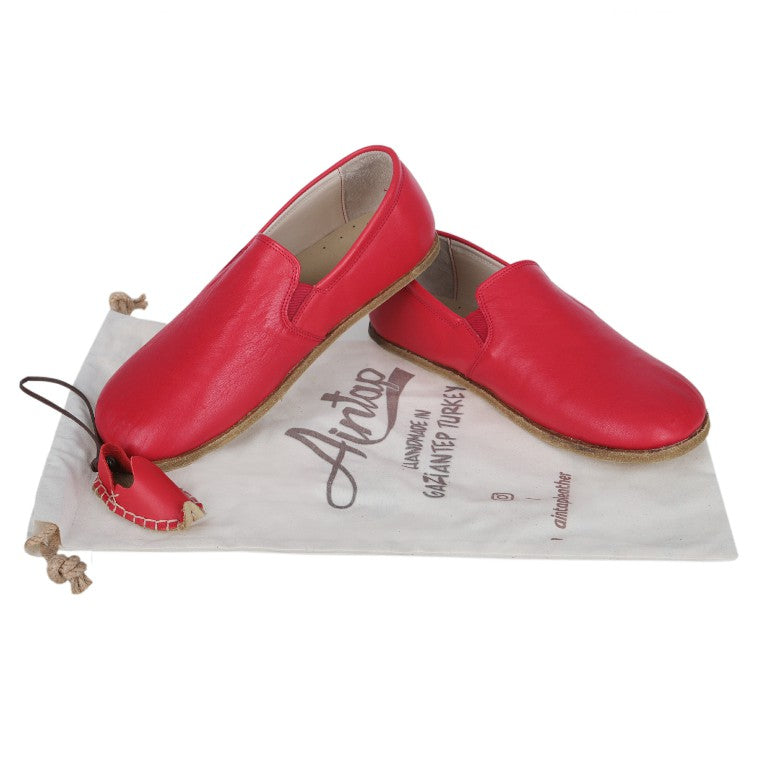 Red Slip-On Wide Barefoot Smooth Leather Handmade Classic Shoes