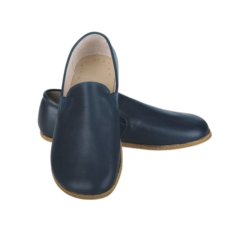 Navy Blue Slip-On Wide Barefoot Smooth Leather Handmade Classic Shoes 
