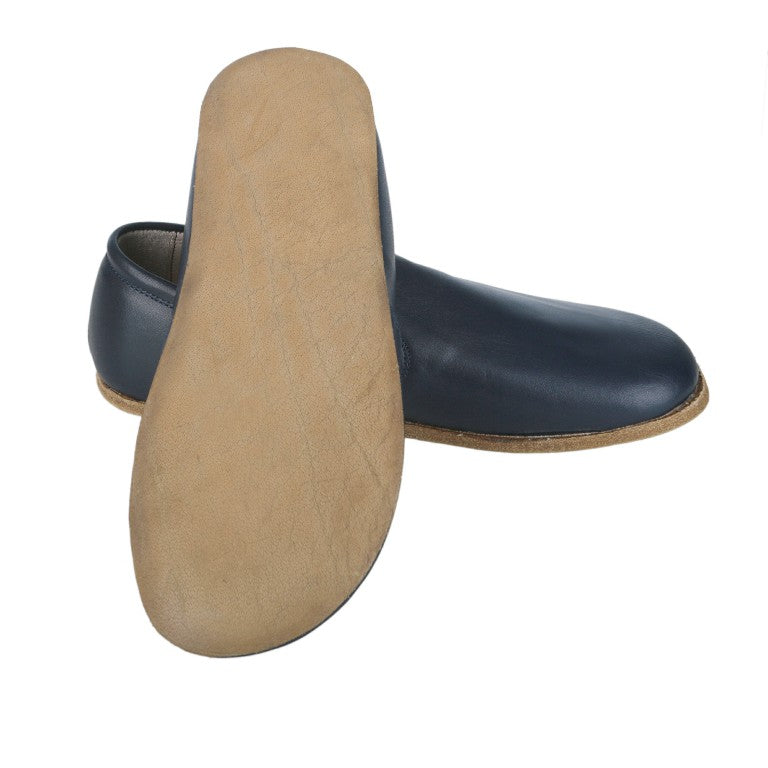 Navy Blue Slip-On Wide Barefoot Smooth Leather Handmade Classic Shoes