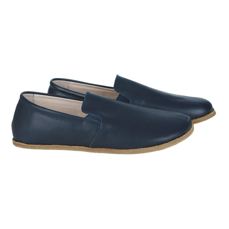 Navy Blue Slip-On Wide Barefoot Smooth Leather Handmade Classic Shoes 