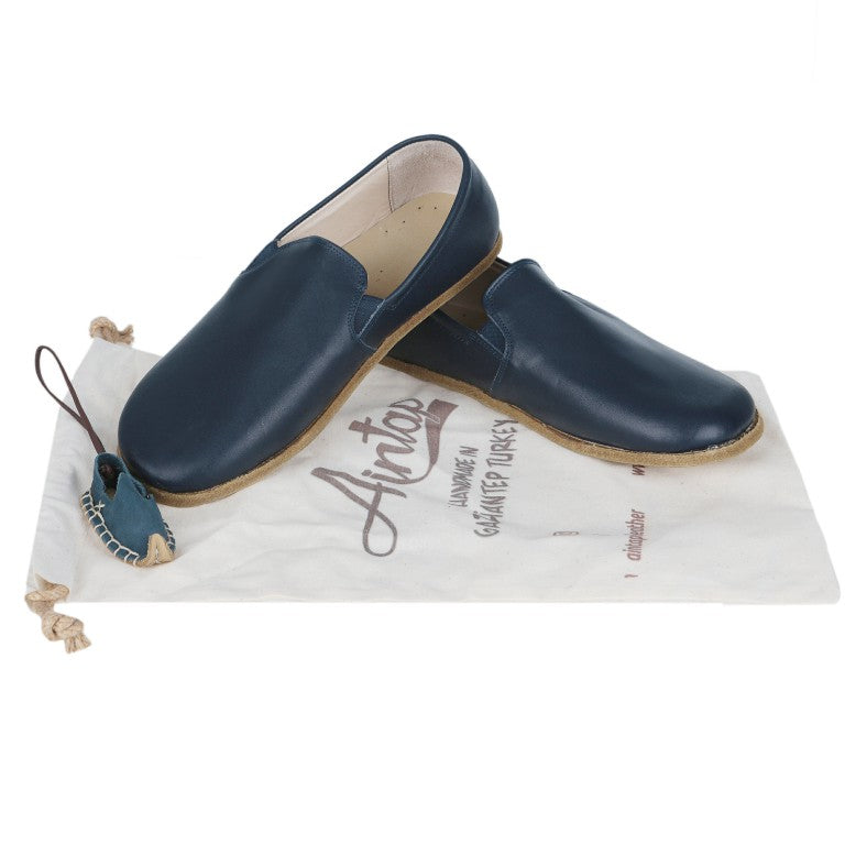Navy Blue Slip-On Wide Barefoot Smooth Leather Handmade Classic Shoes 