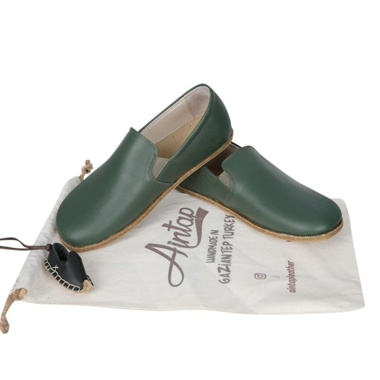Green Slip-On Wide Barefoot Smooth Leather Handmade Classic Shoes 