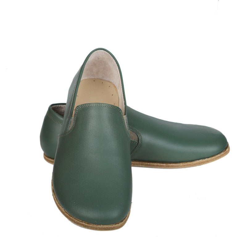 Green Slip-On Wide Barefoot Smooth Leather Handmade Classic Shoes 