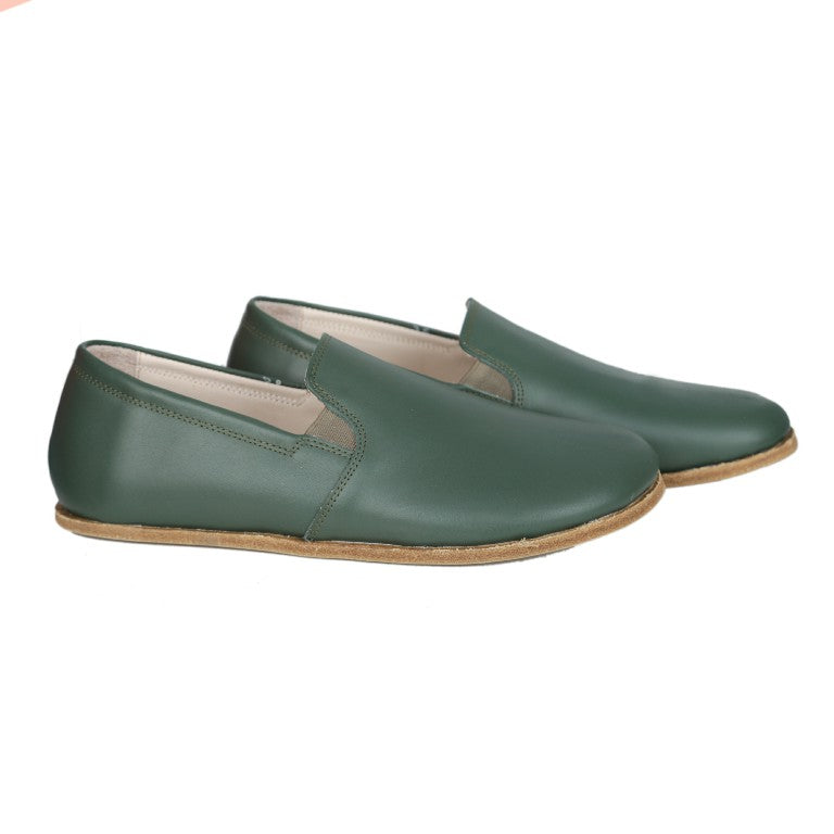 Green Slip-On Wide Barefoot Smooth Leather Handmade Classic Shoes