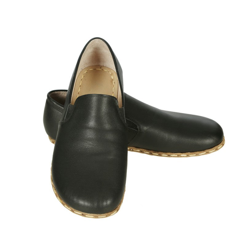 Black Slip-On Wide Barefoot Smooth Leather Handmade Sport Shoes