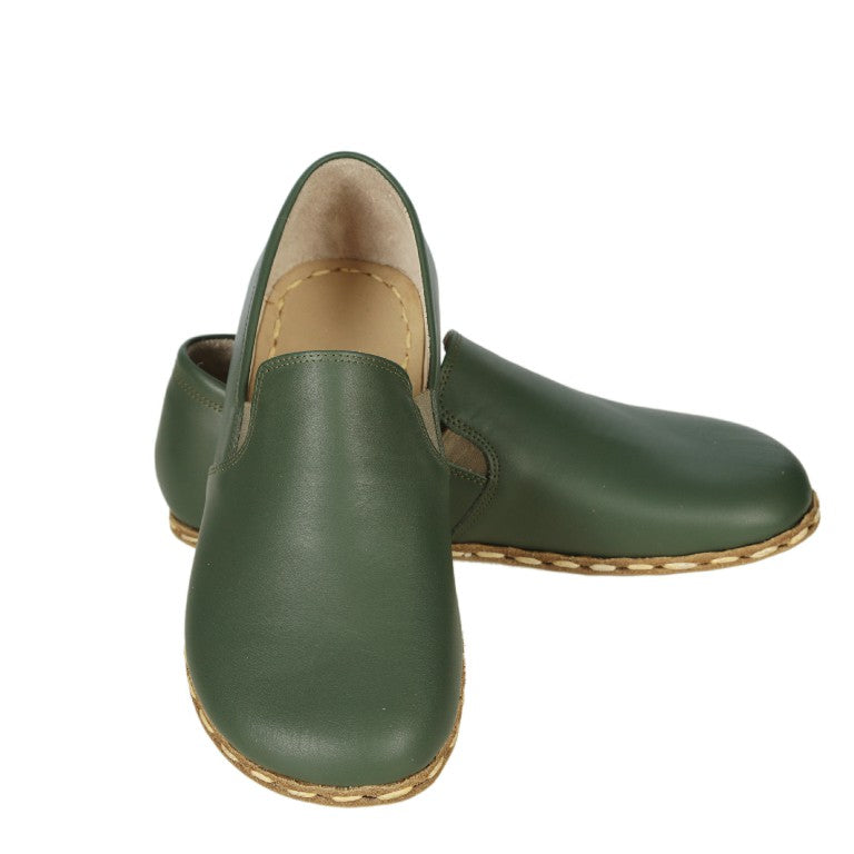 Green Slip-On Wide Barefoot Smooth Leather Handmade Sport Shoes 
