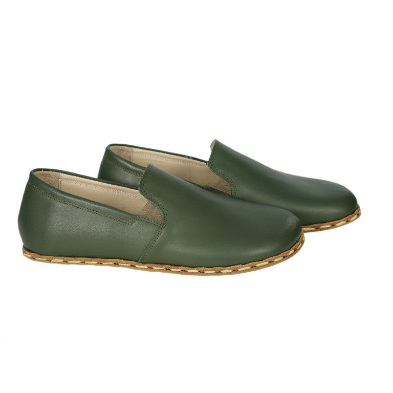 Green Slip-On Wide Barefoot Smooth Leather Handmade Sport Shoes 
