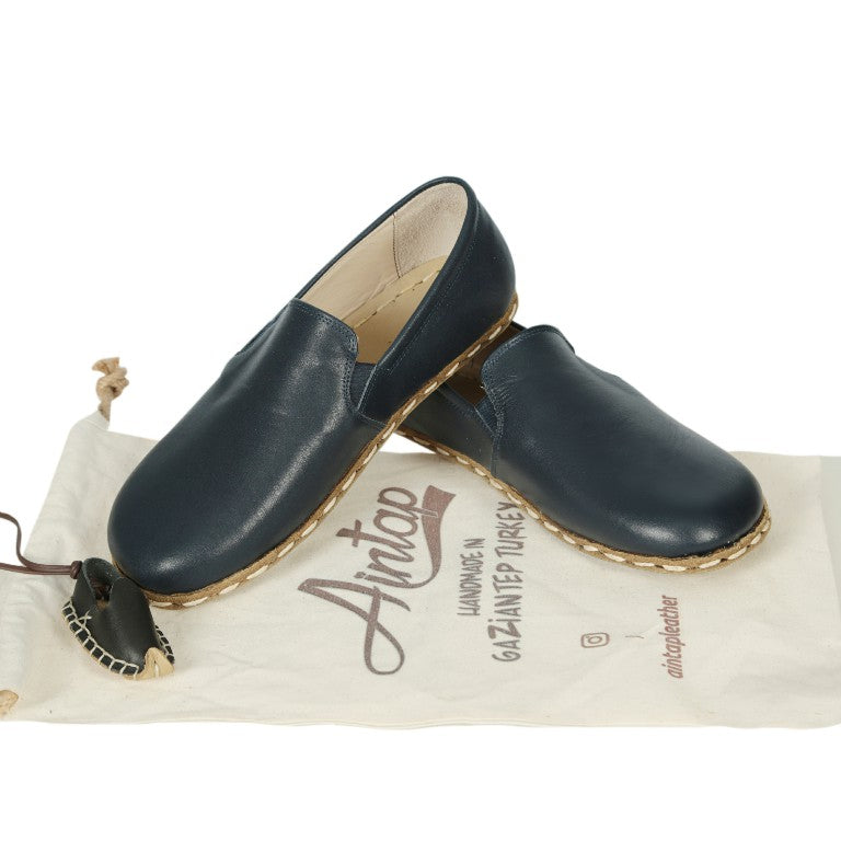 Navy Blue Slip-On Wide Barefoot Smooth Leather Handmade Sport Shoes 