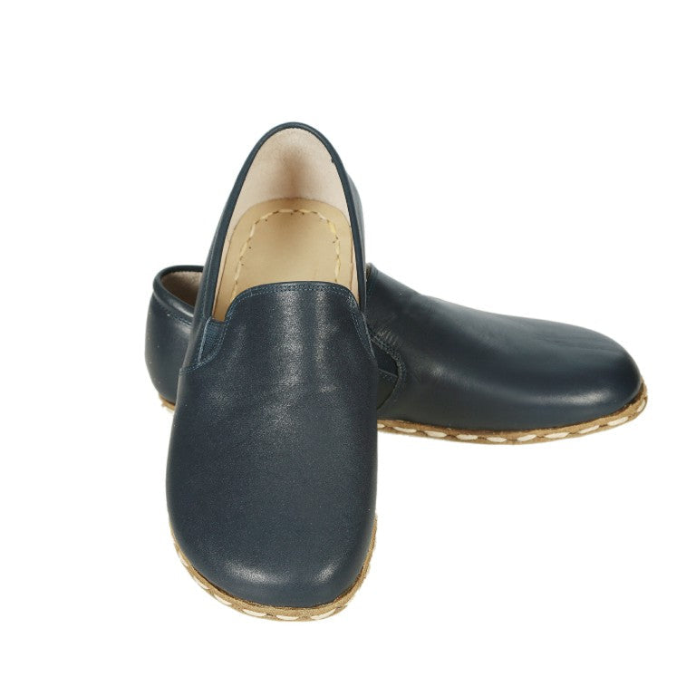 Navy Blue Slip-On Wide Barefoot Smooth Leather Handmade Sport Shoes 