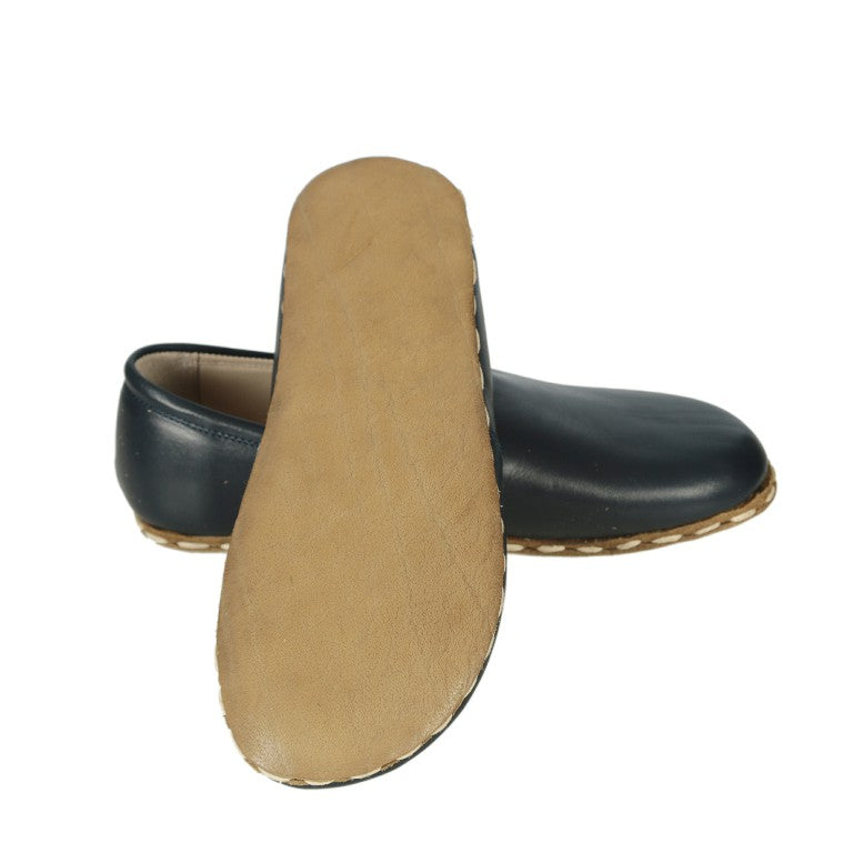 Navy Blue Slip-On Wide Barefoot Smooth Leather Handmade Sport Shoes 