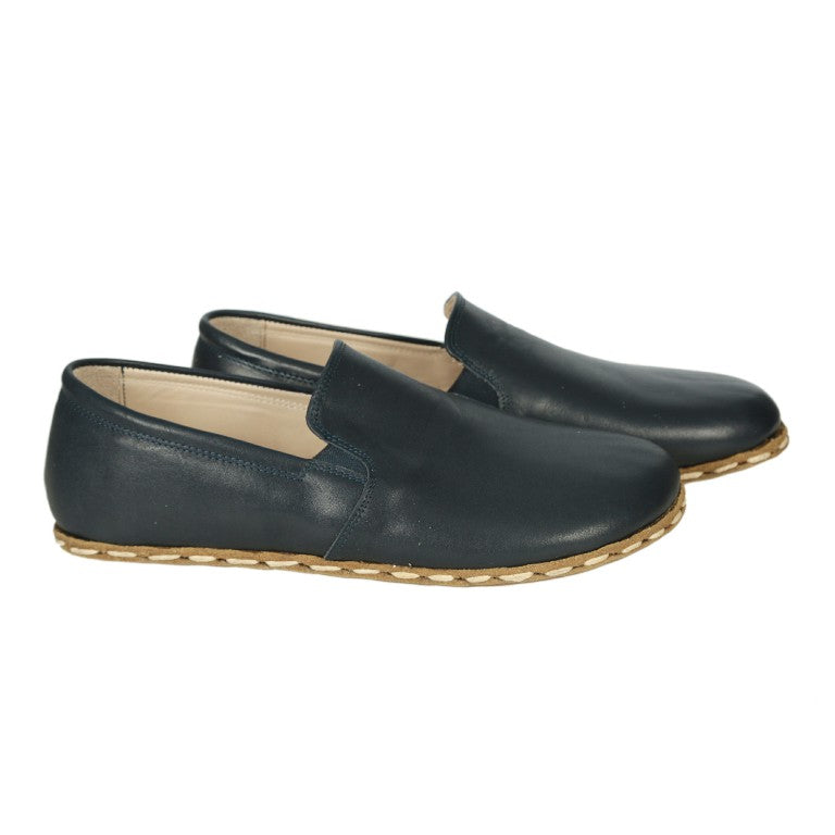 Navy Blue Slip-On Wide Barefoot Smooth Leather Handmade Sport Shoes 