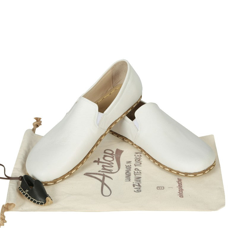 White Slip-On Wide Barefoot Smooth Leather Handmade Sport Shoes