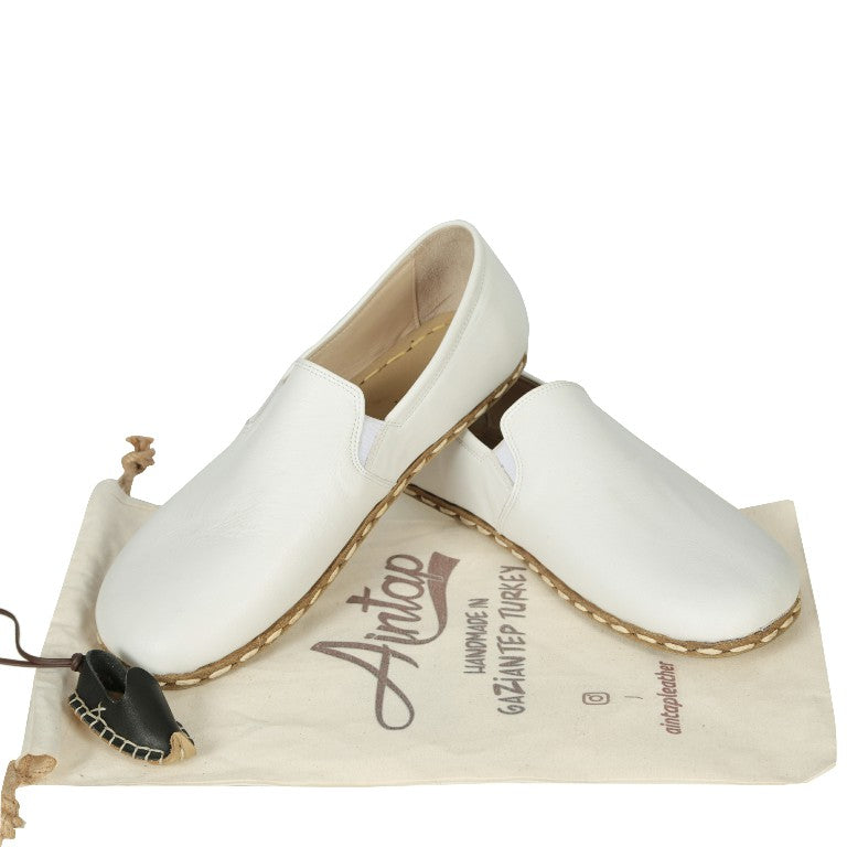 White Slip-On Wide Barefoot Smooth Leather Handmade Sport Shoes 