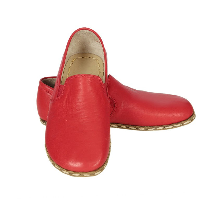Red Slip-On Wide Barefoot Smooth Leather Handmade Sport Shoes 