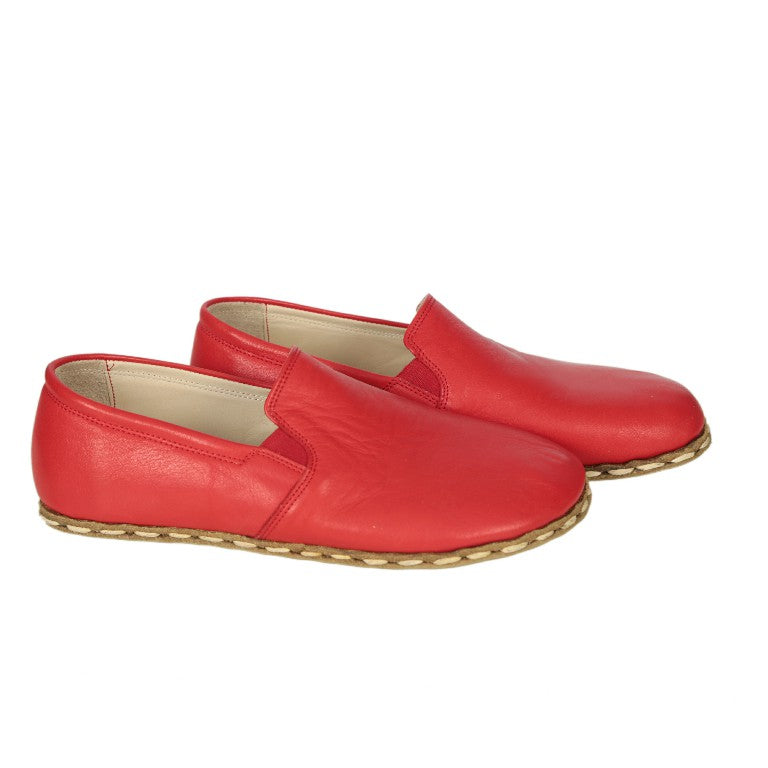 Red Slip-On Wide Barefoot Smooth Leather Handmade Sport Shoes 