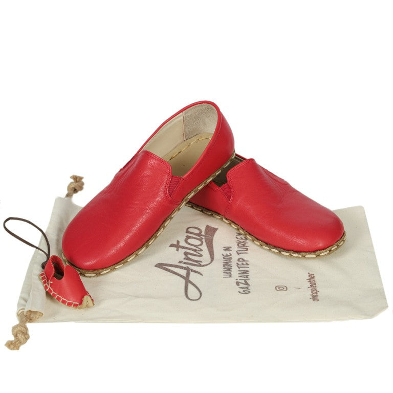 Red Slip-On Wide Barefoot Smooth Leather Handmade Sport Shoes 