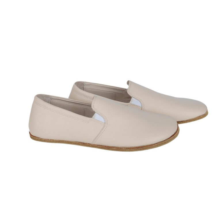 Cream Slip-On Wide Barefoot Smooth Leather Handmade Classic Shoes 