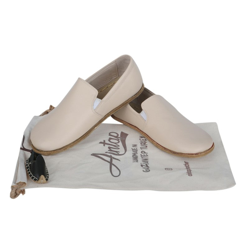 Cream Slip-On Wide Barefoot Smooth Leather Handmade Classic Shoes