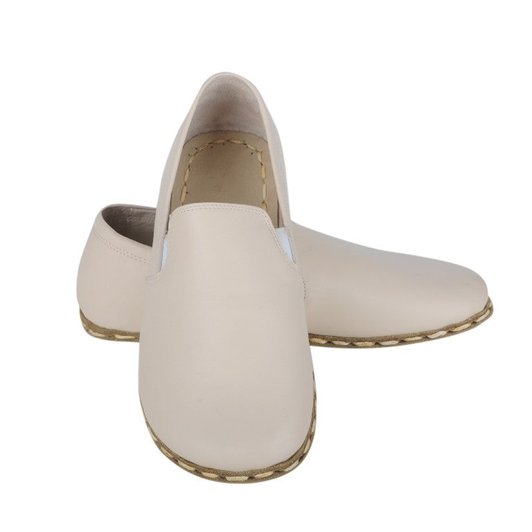 Cream Slip-On Wide Barefoot Smooth Leather Handmade Sport Shoes 