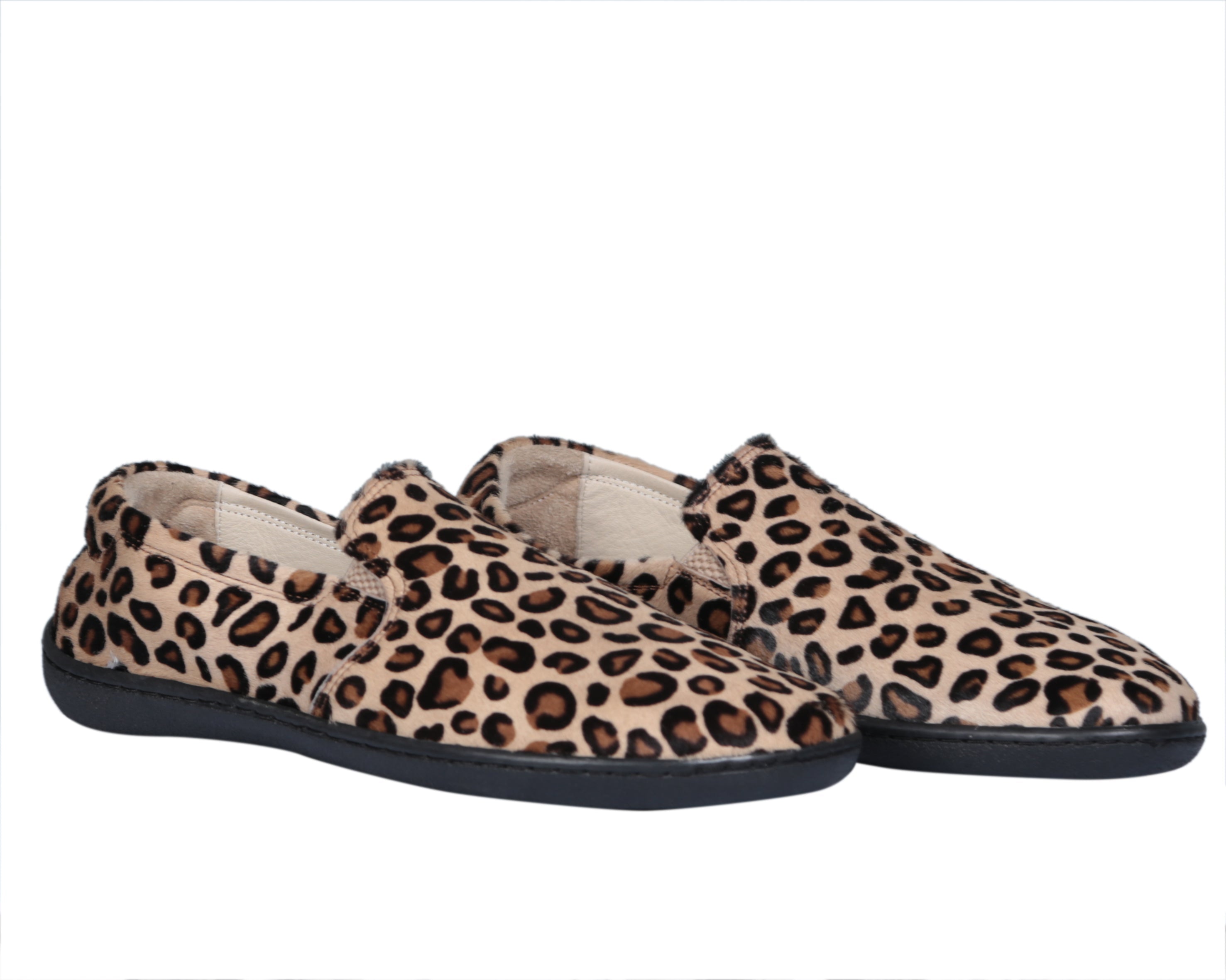 Leopard Slip-On Wide Barefoot Shoes Smooth Leather Handmade 6mm Rubber Outsole 