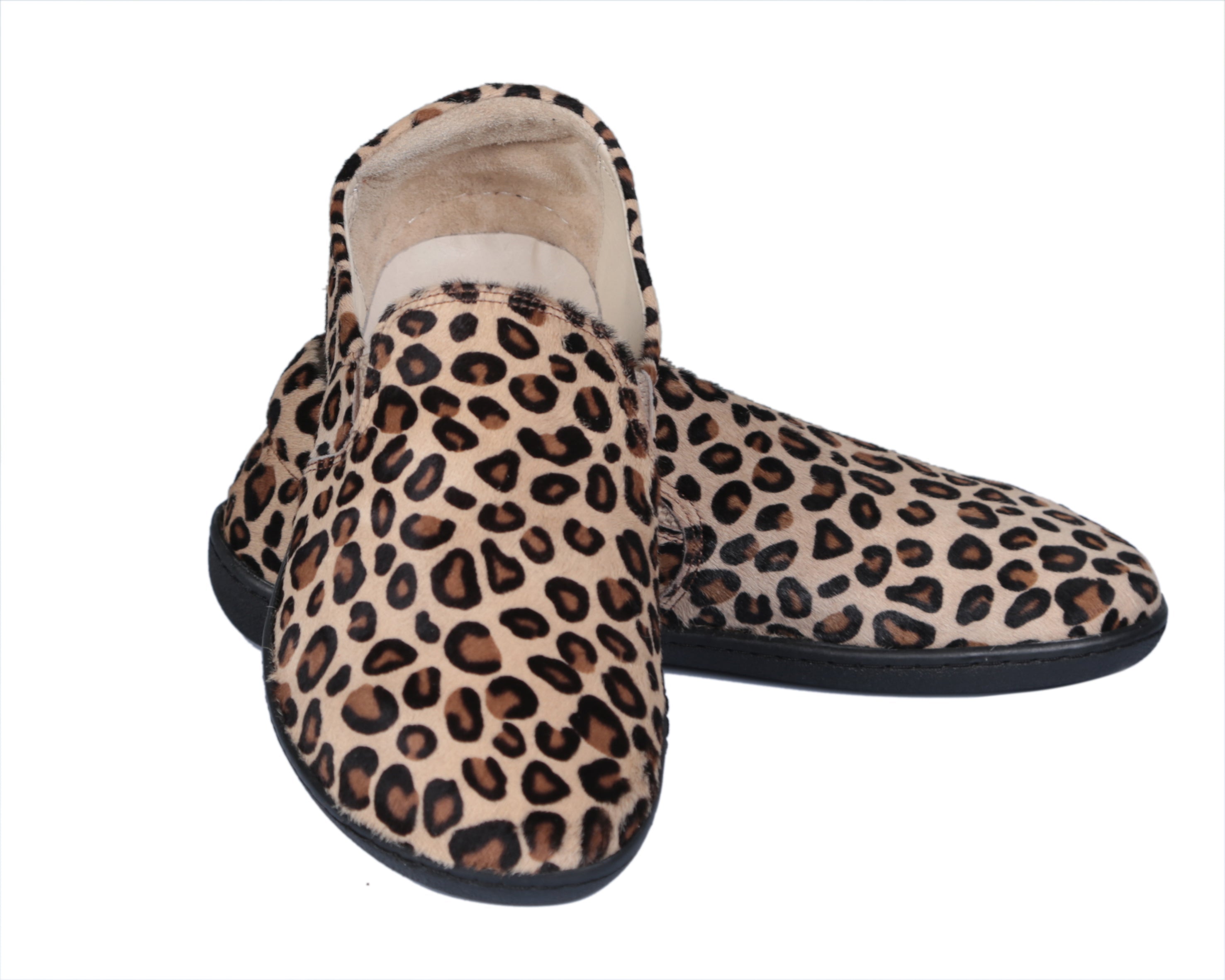 Leopard Slip-On Wide Barefoot Shoes Smooth Leather Handmade 6mm Rubber Outsole 